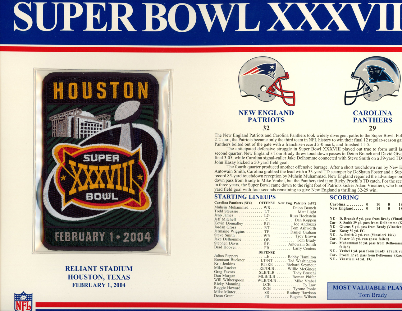 Super Bowl XXXVIII Patch Stat Card Official Willabee & Ward