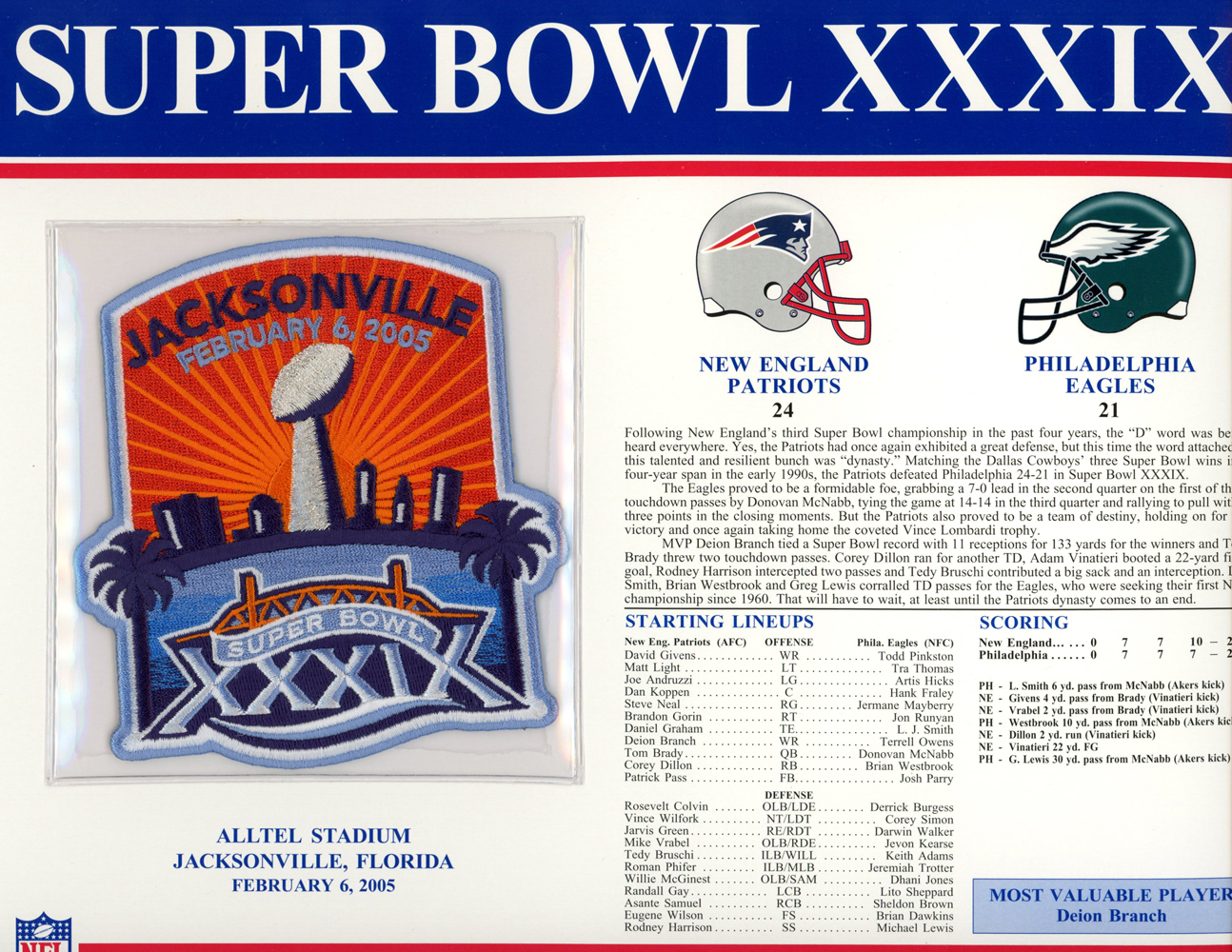 Super Bowl XXXIX Patch Stat Card Official Willabee & Ward