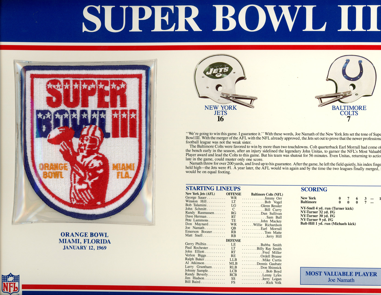 Super Bowl III Patch Stat Card Official Willabee & Ward