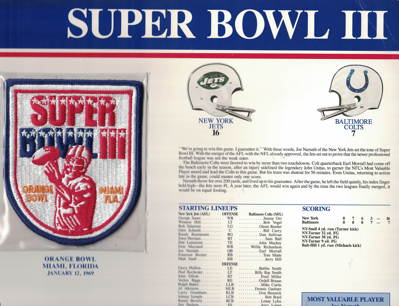 Super Bowl III Patch Stat Card Official Willabee & Ward As Is