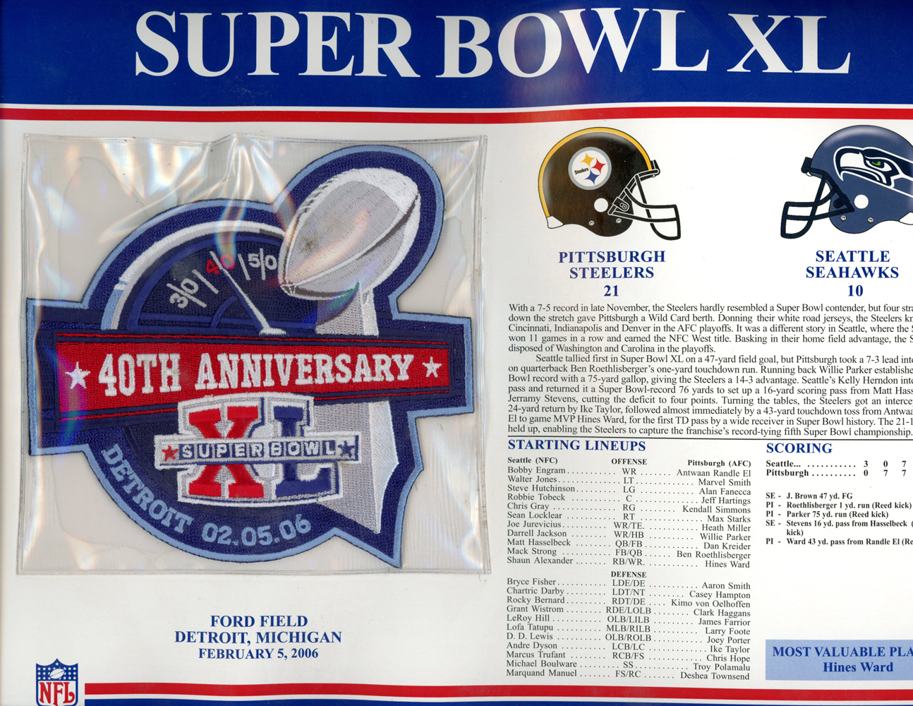 Super Bowl XL Patch Stat Card Official Willabee & Ward