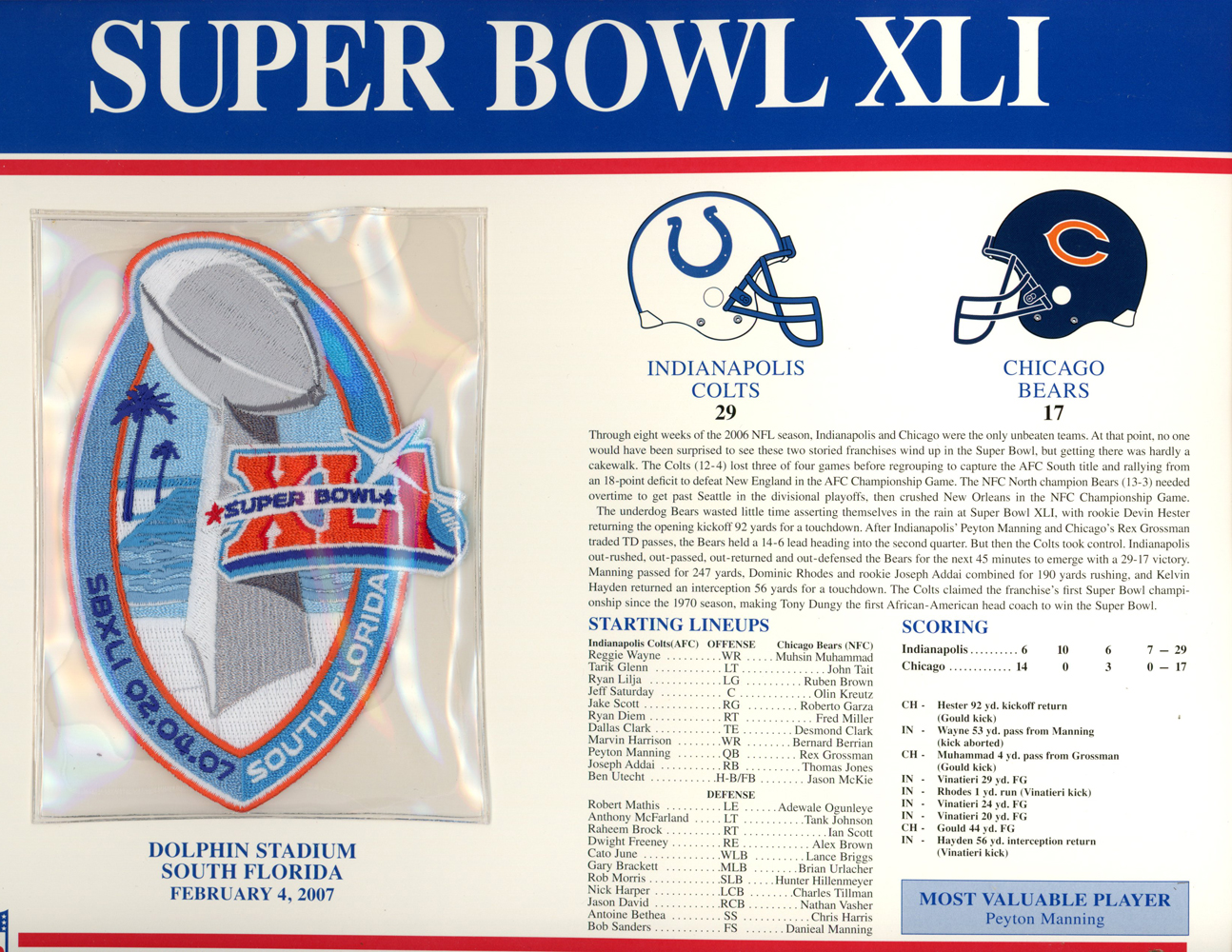Super Bowl XLI Patch Stat Card Official Willabee & Ward