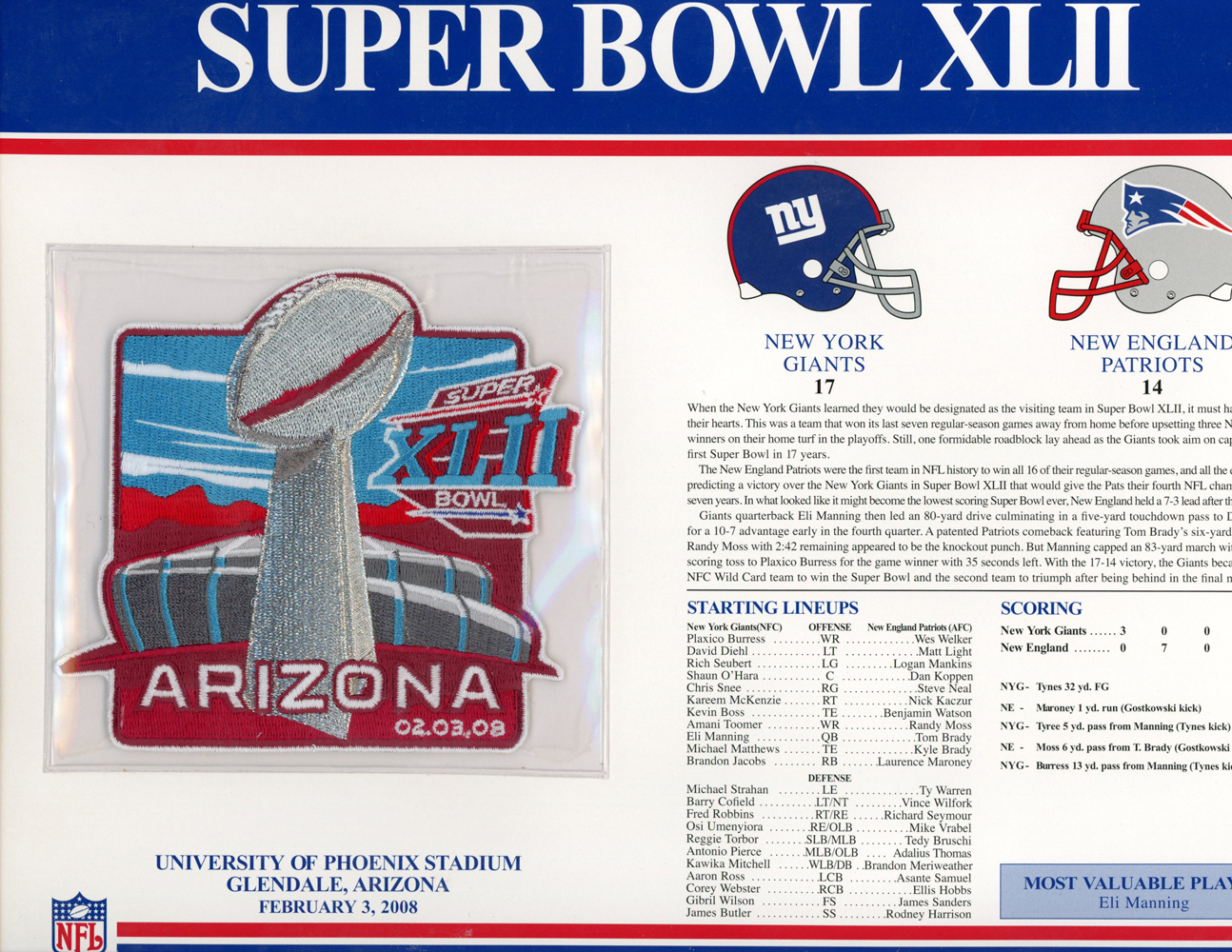 Super Bowl XLII Patch Stat Card Official Willabee & Ward