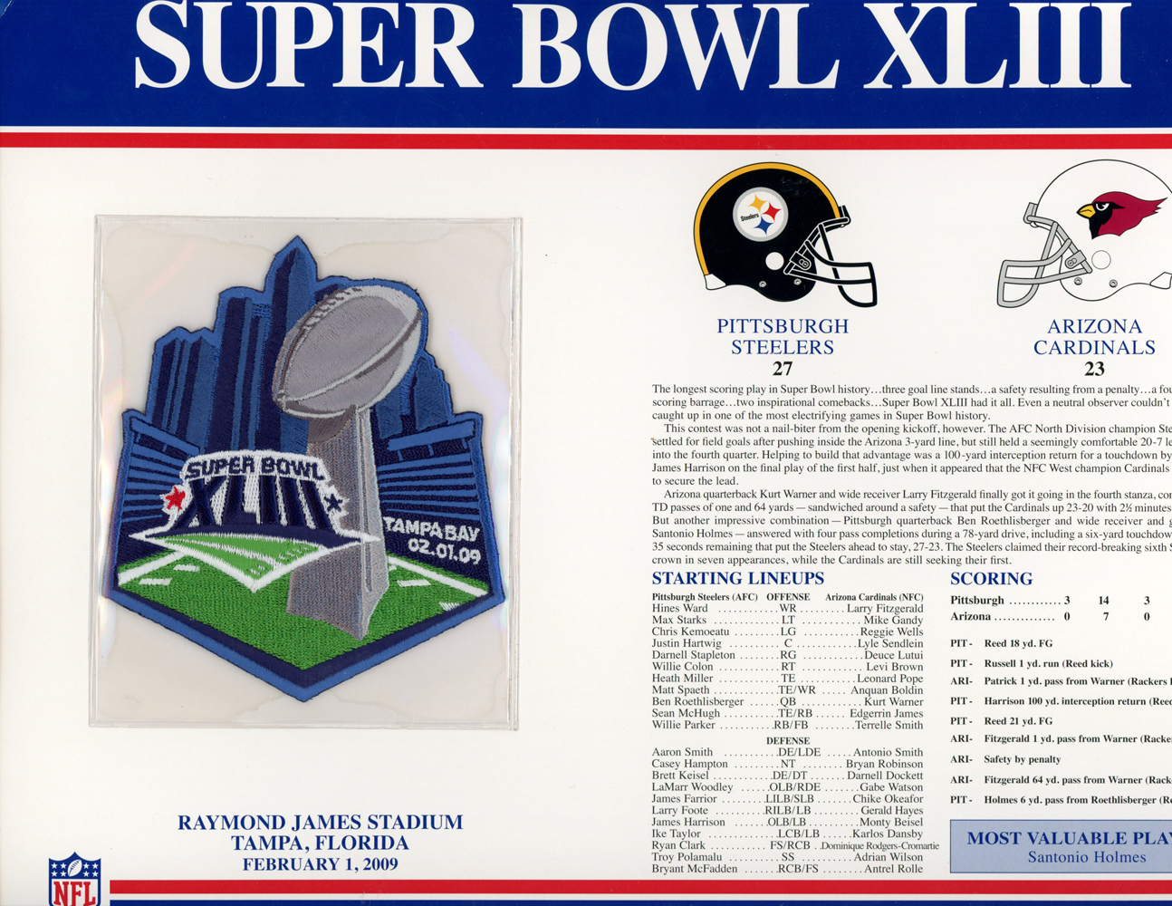 Super Bowl XLIII Patch Stat Card Official Willabee & Ward