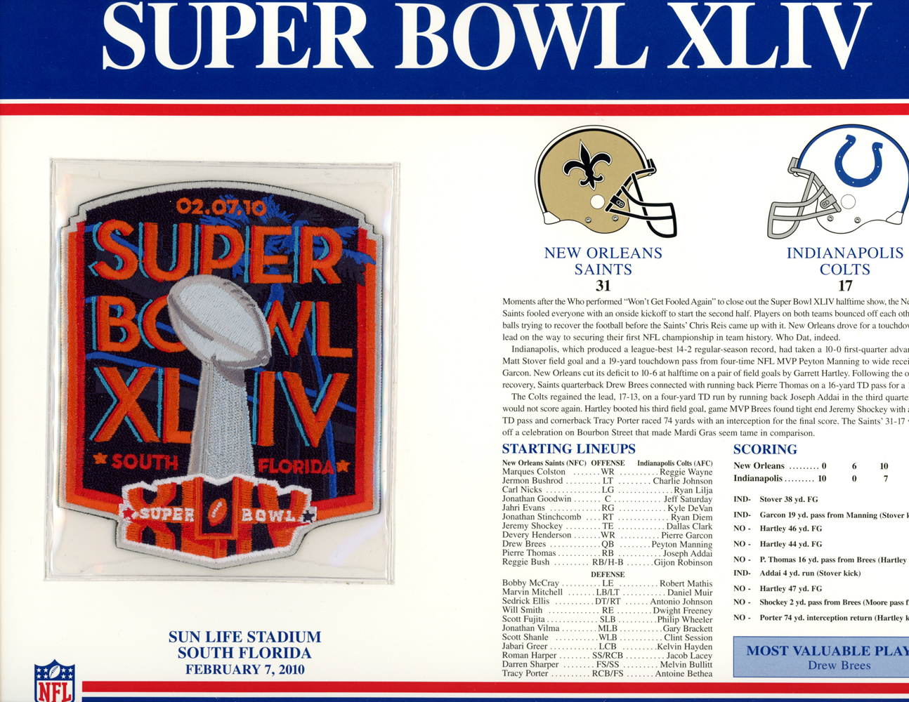 Super Bowl XLIV Patch Stat Card Official Willabee & Ward