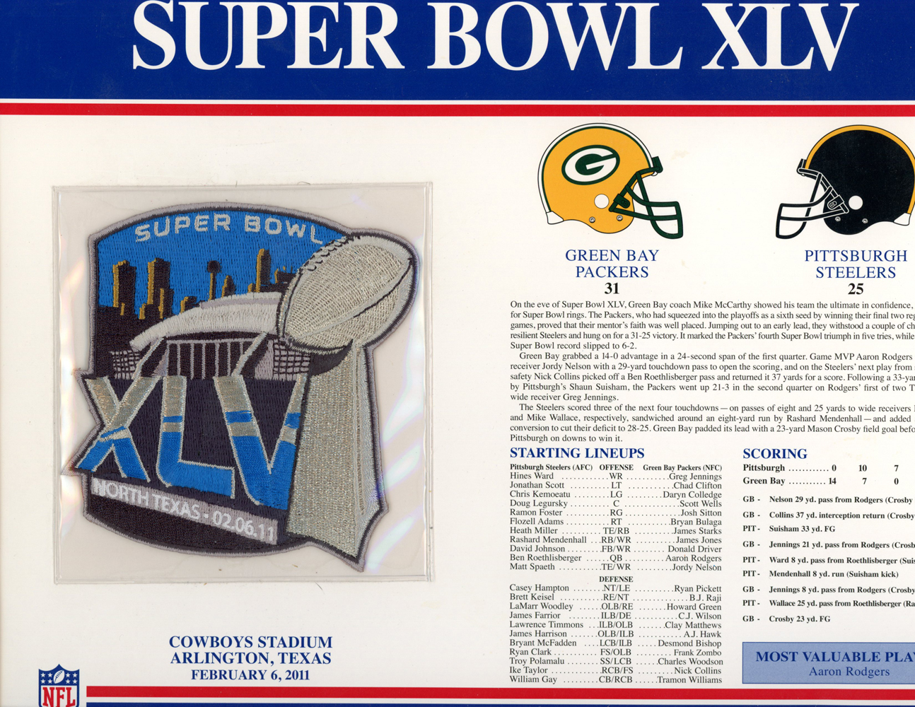 Super Bowl XLV Patch Stat Card Official Willabee & Ward