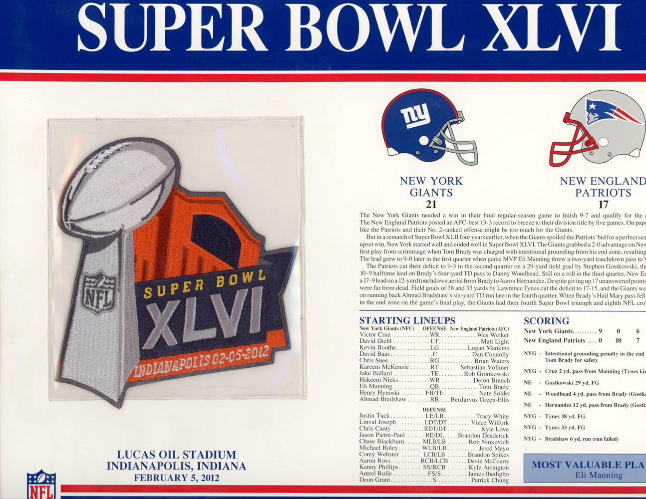 Super Bowl XLVI Patch Stat Card Official Willabee & Ward