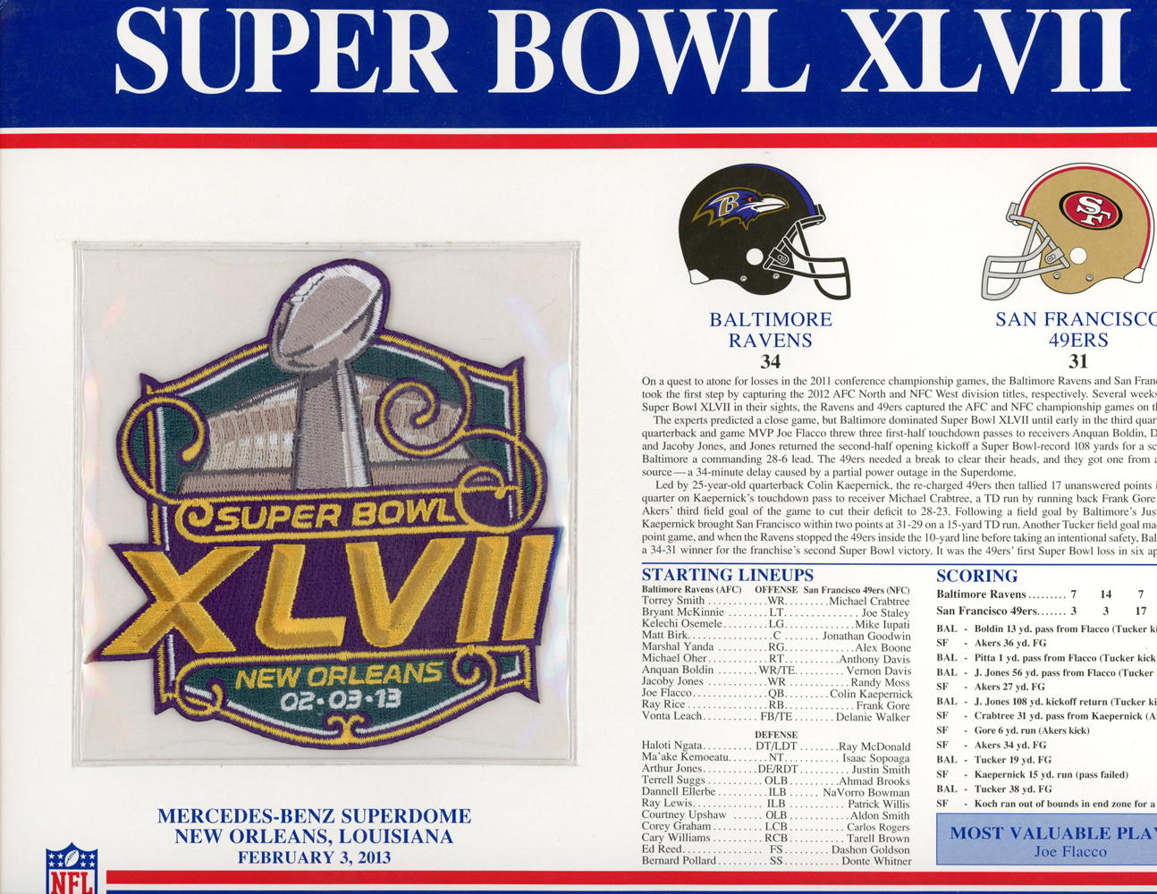 Super Bowl XLVII Patch Stat Card Official Willabee & Ward