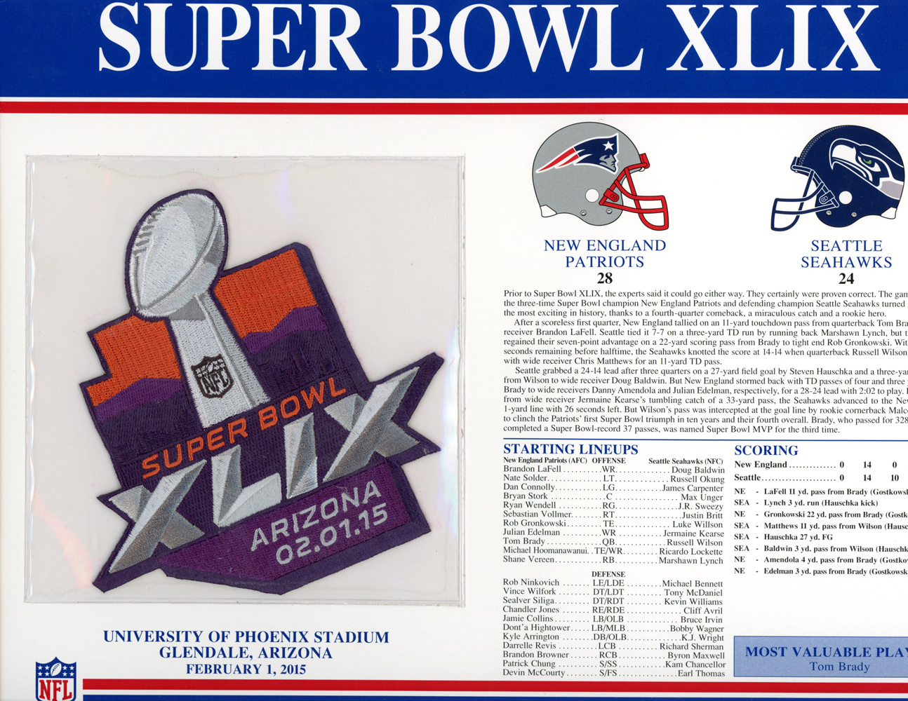 Super Bowl XLIX Patch Stat Card Official Willabee & Ward