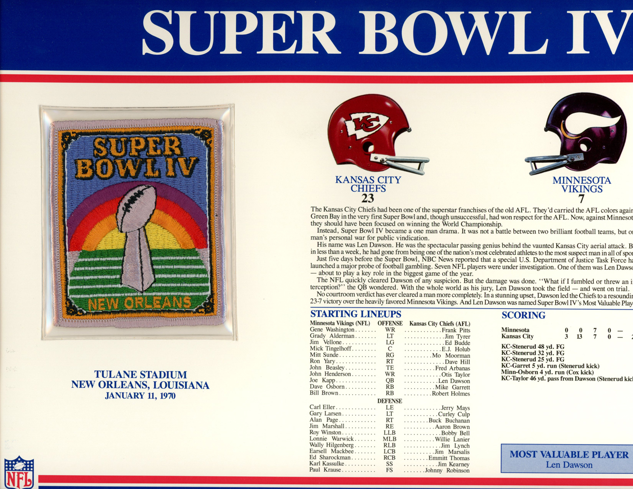 Super Bowl IV Patch Stat Card Official Willabee & Ward