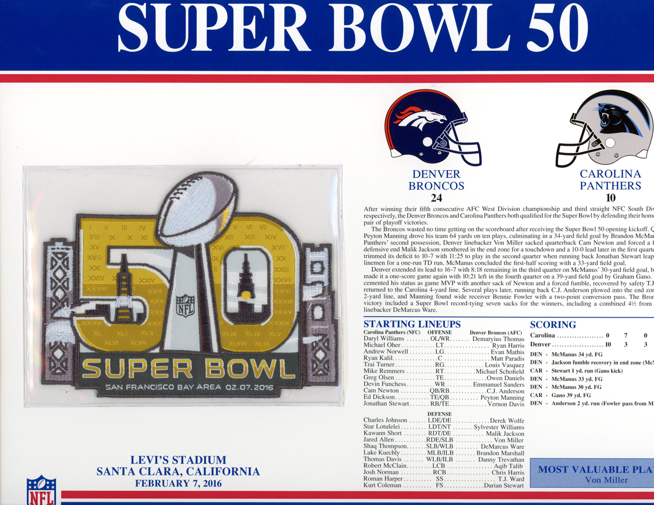 Super Bowl 50 Patch Stat Card Official Willabee & Ward