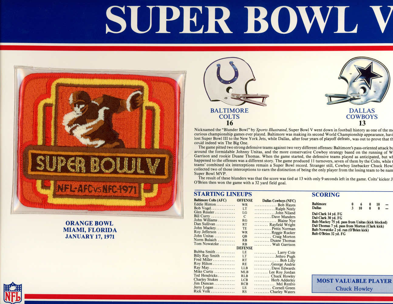 Super Bowl V Patch Stat Card Official Willabee & Ward