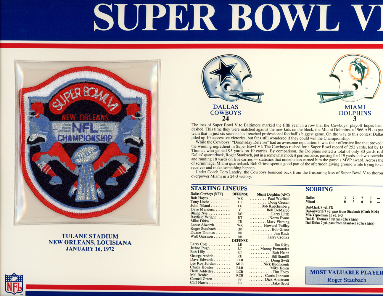 Super Bowl VI Patch Stat Card Official Willabee & Ward