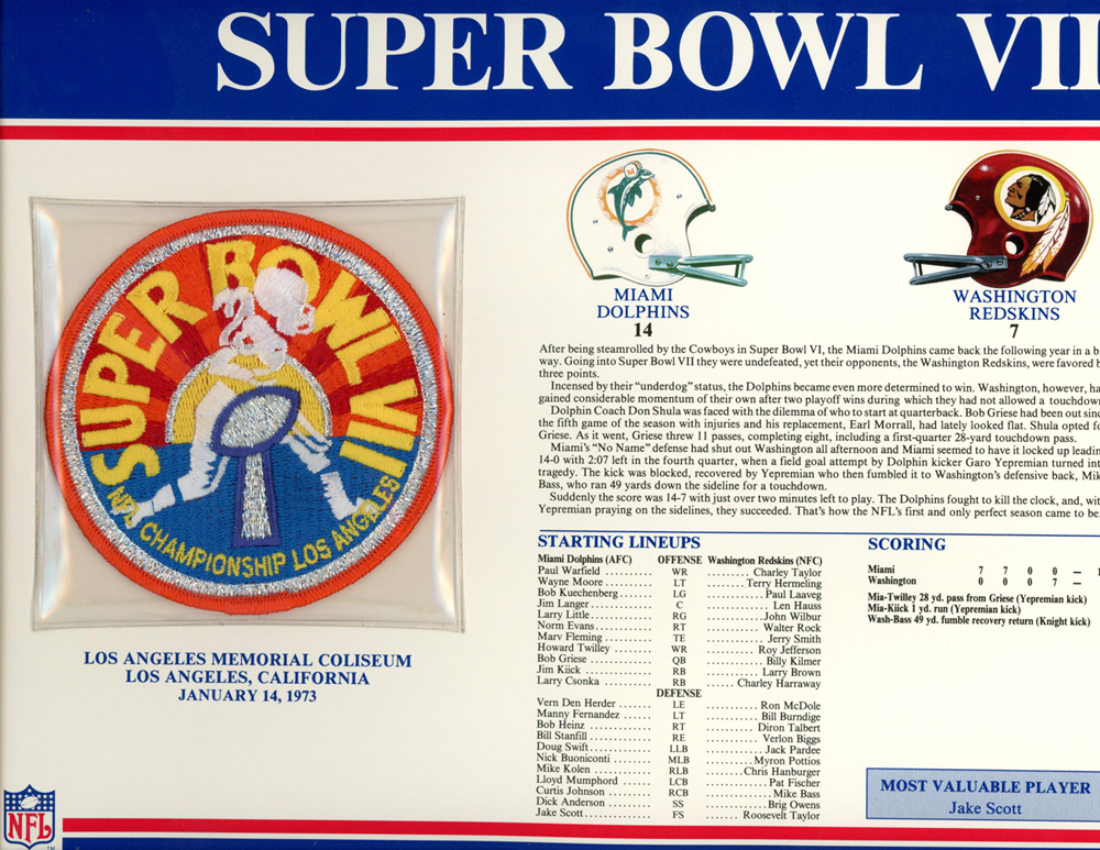 Super Bowl VII Patch Stat Card Official Willabee & Ward