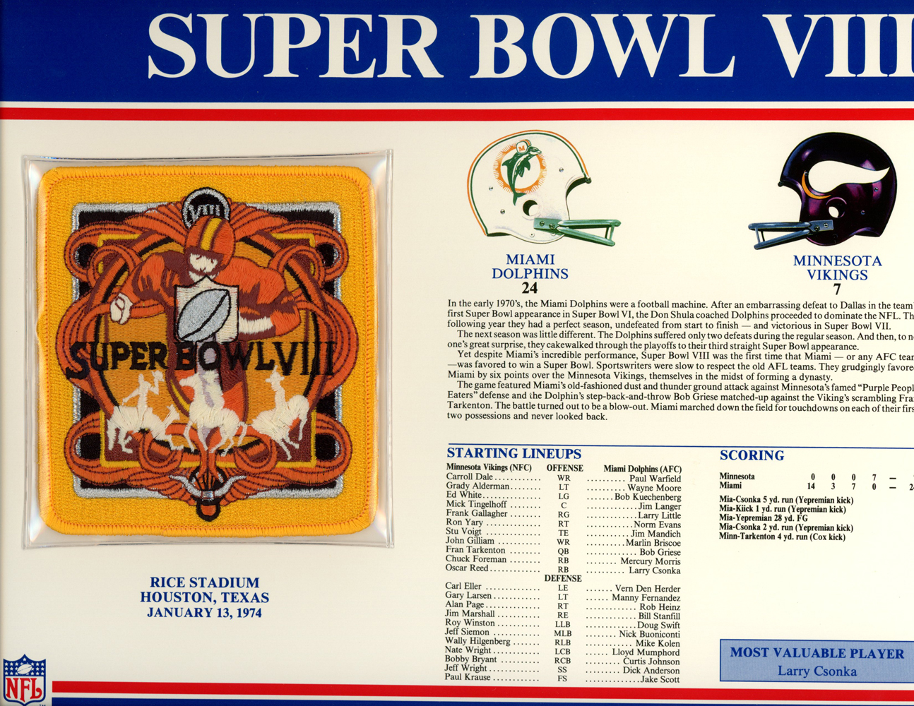 Super Bowl VIII Patch Stat Card Official Willabee & Ward