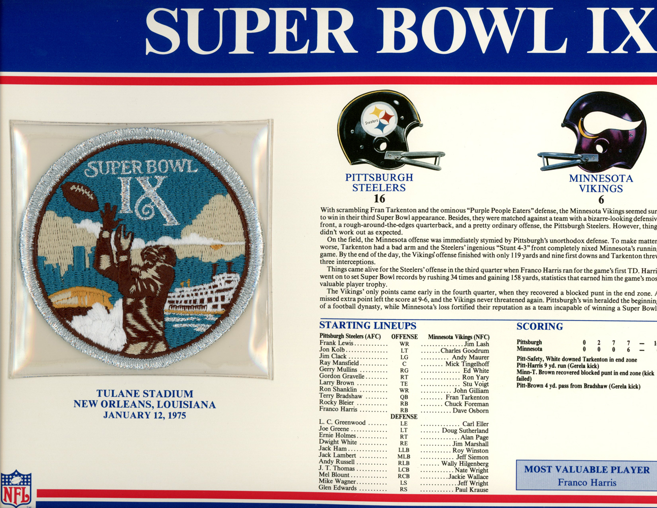 Super Bowl IX Patch Stat Card Official Willabee & Ward