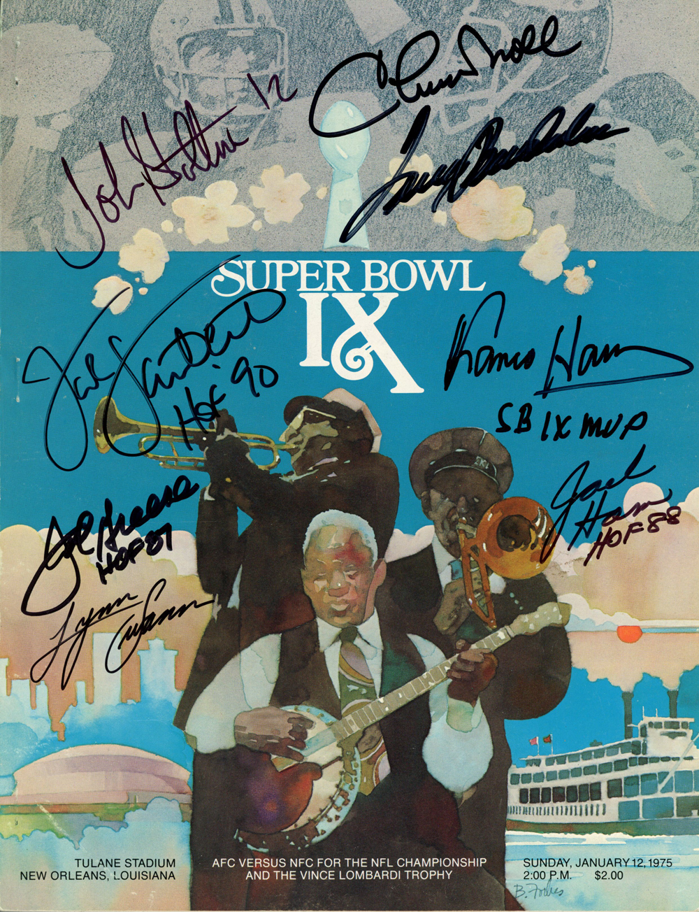 Pittsburgh Steelers Signed Super Bowl IX Program 8 Sigs Bradshaw Noll JSA 37403