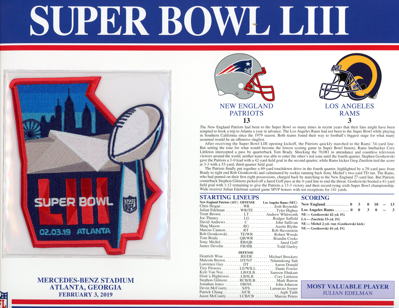 Super Bowl LIII Patch Stat Card Official Willabee & Ward – Denver