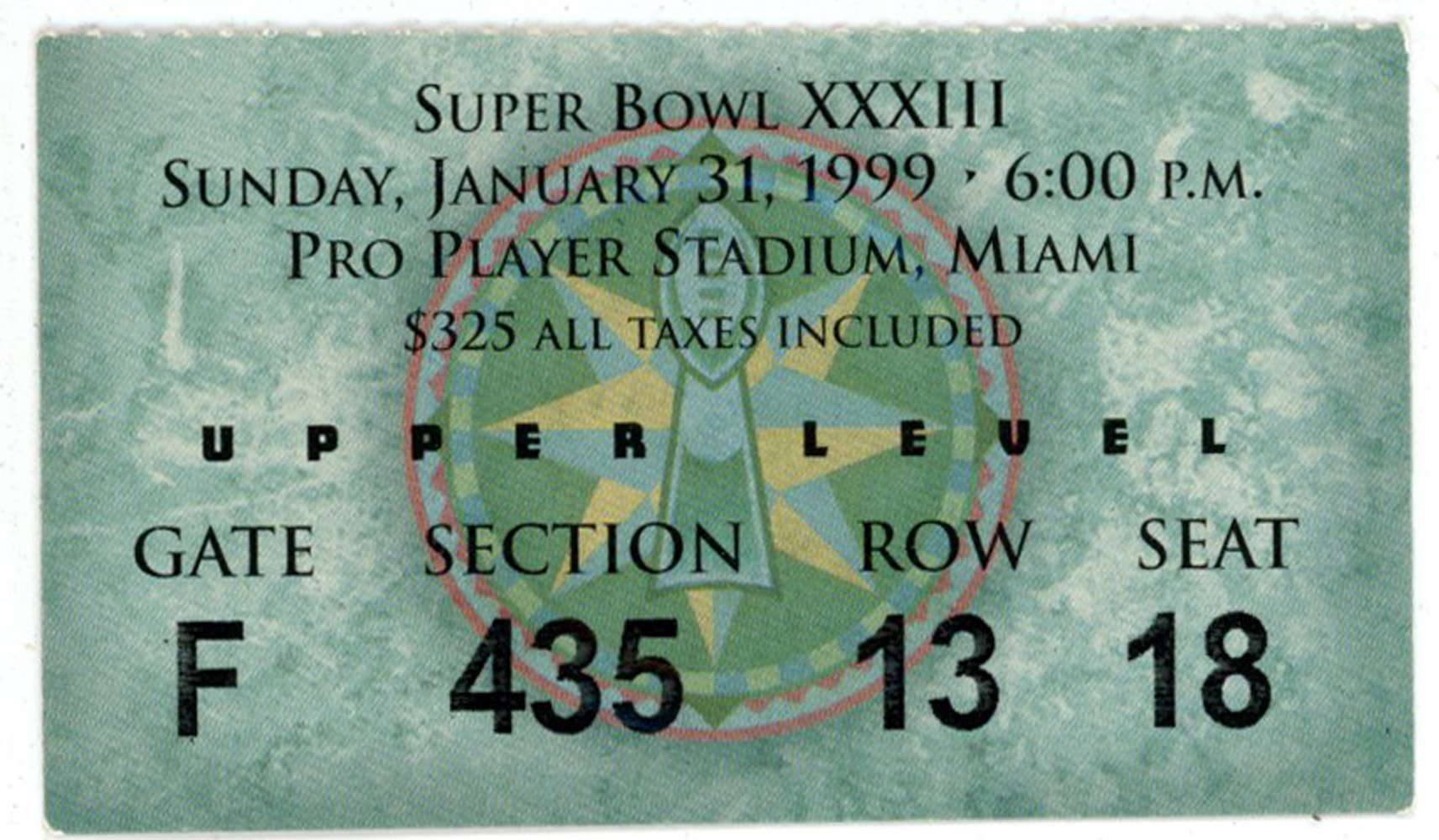 Super Bowl XXXIII Ticket Stub January 31, 1999 Denver Broncos Vs Falcons