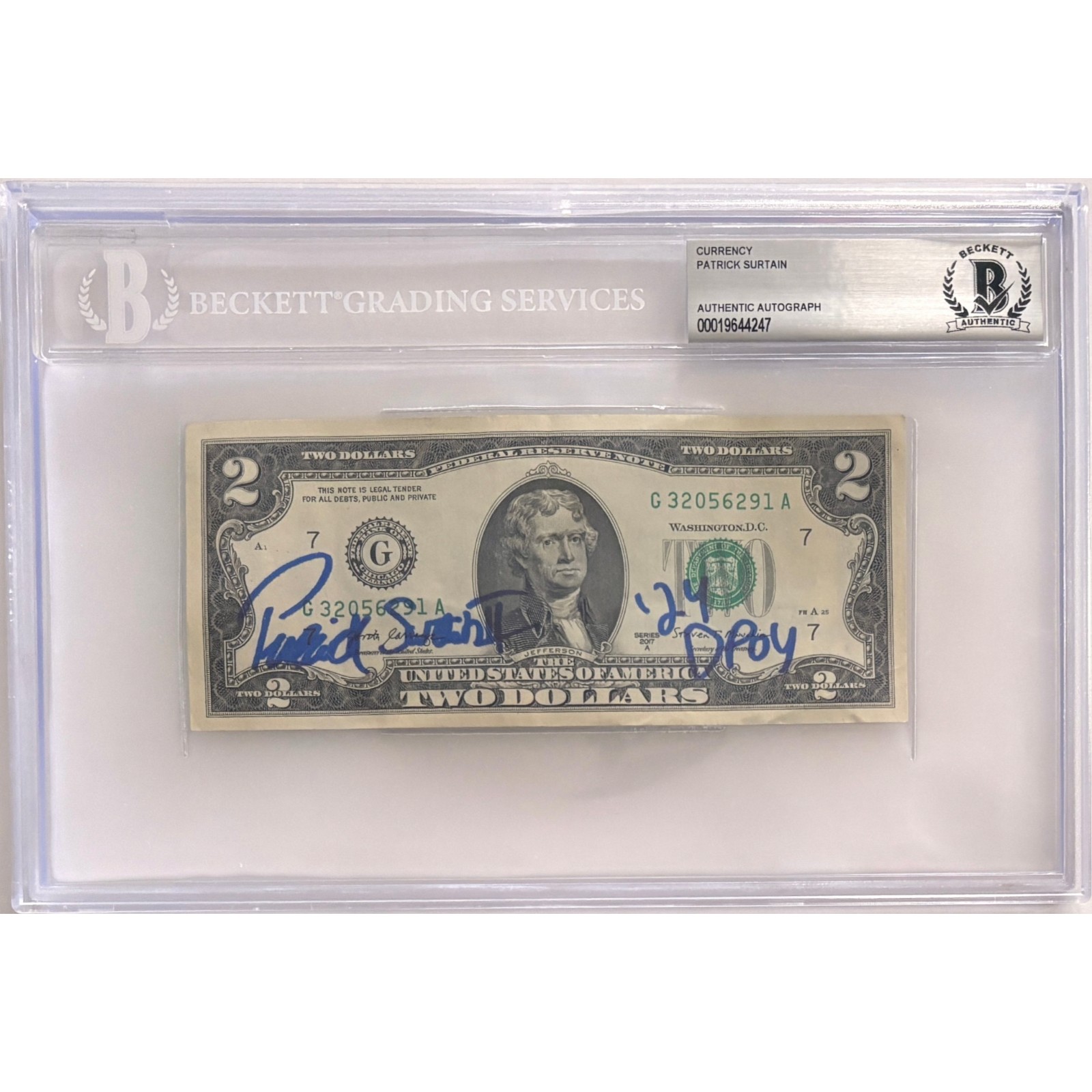 Partick Surtain Autographed Denver Broncos $2 Bill 24 DPOY Slabbed Beckett 55173