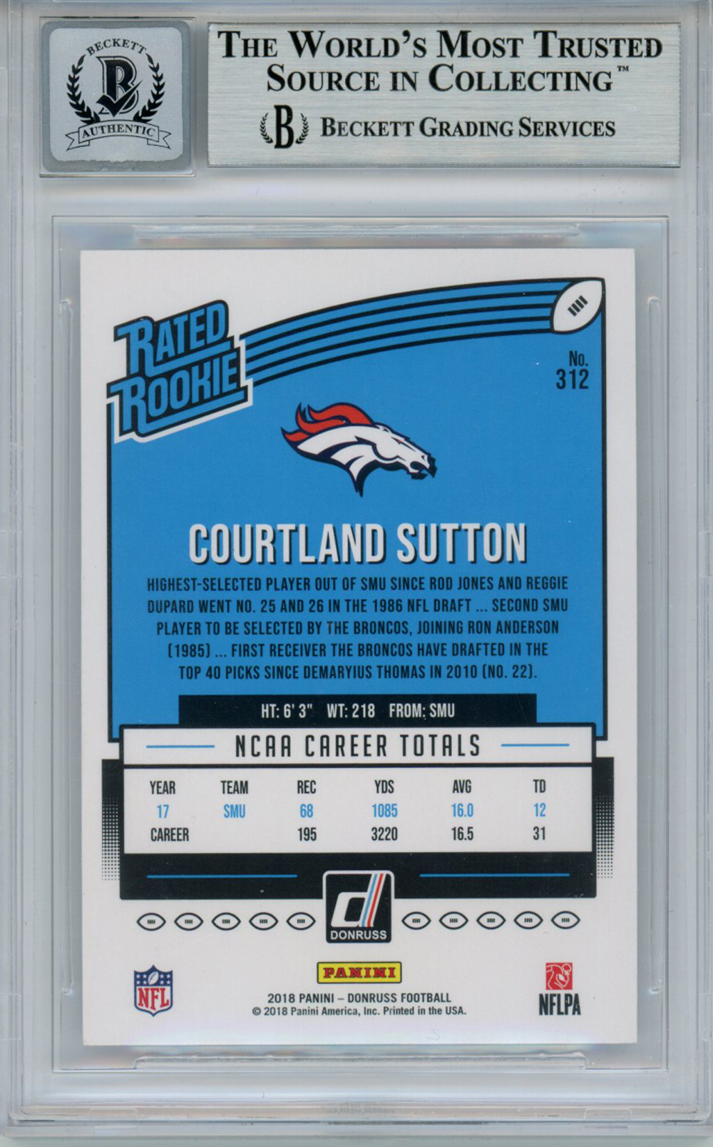 Courtland Sutton Signed 2018 Donruss #312 Rookie Card Beckett 10 Slab