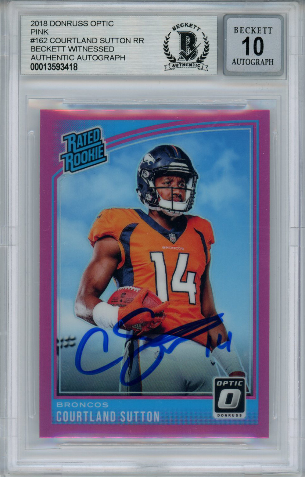 Courtland Sutton Signed 2018 Donruss Optic Pink #162 Rookie Card BAS Slab