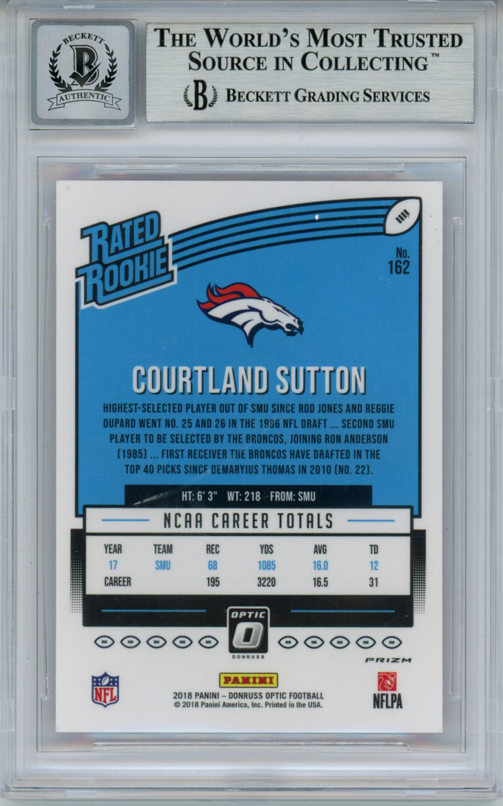 Courtland Sutton Signed 2018 Donruss Optic Pink #162 Rookie Card BAS Slab