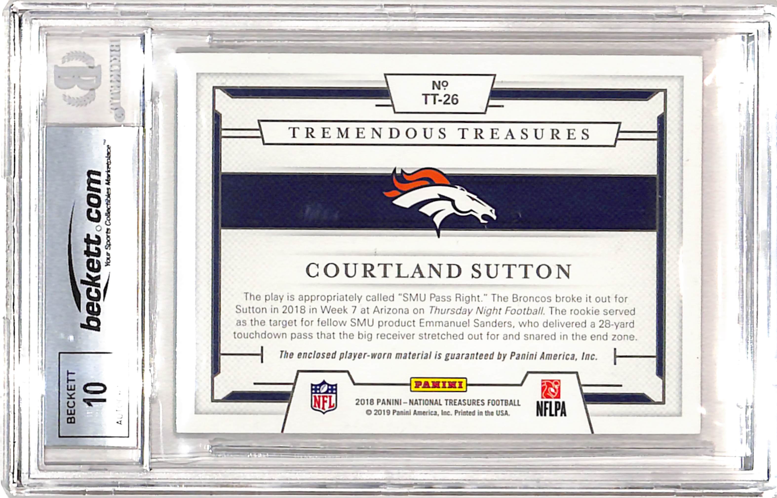 Courtland Sutton Signed 2018 National Treasures  Grade 10 Auto BAS