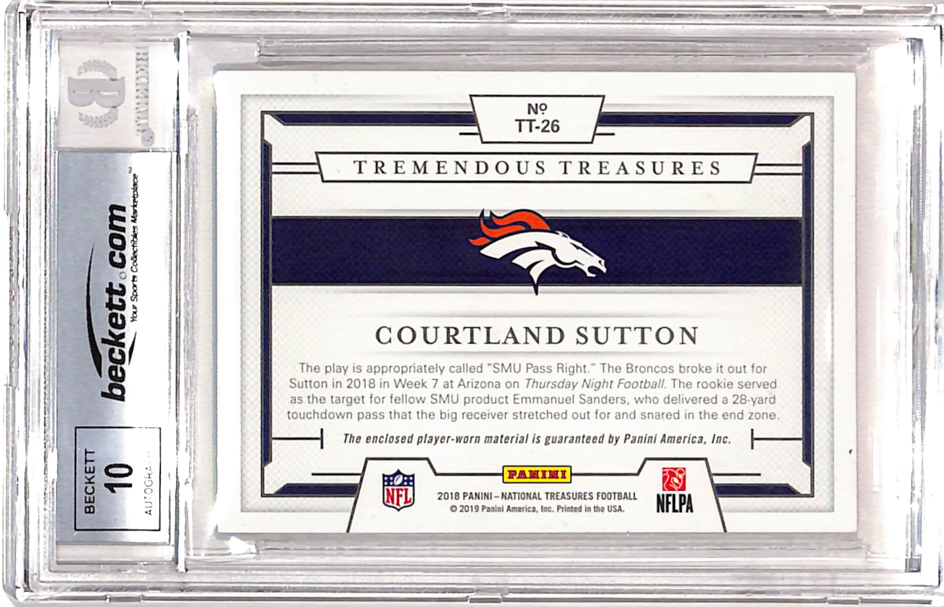 Courtland Sutton Signed 2018 National Treasures  Grade 10 Auto BAS