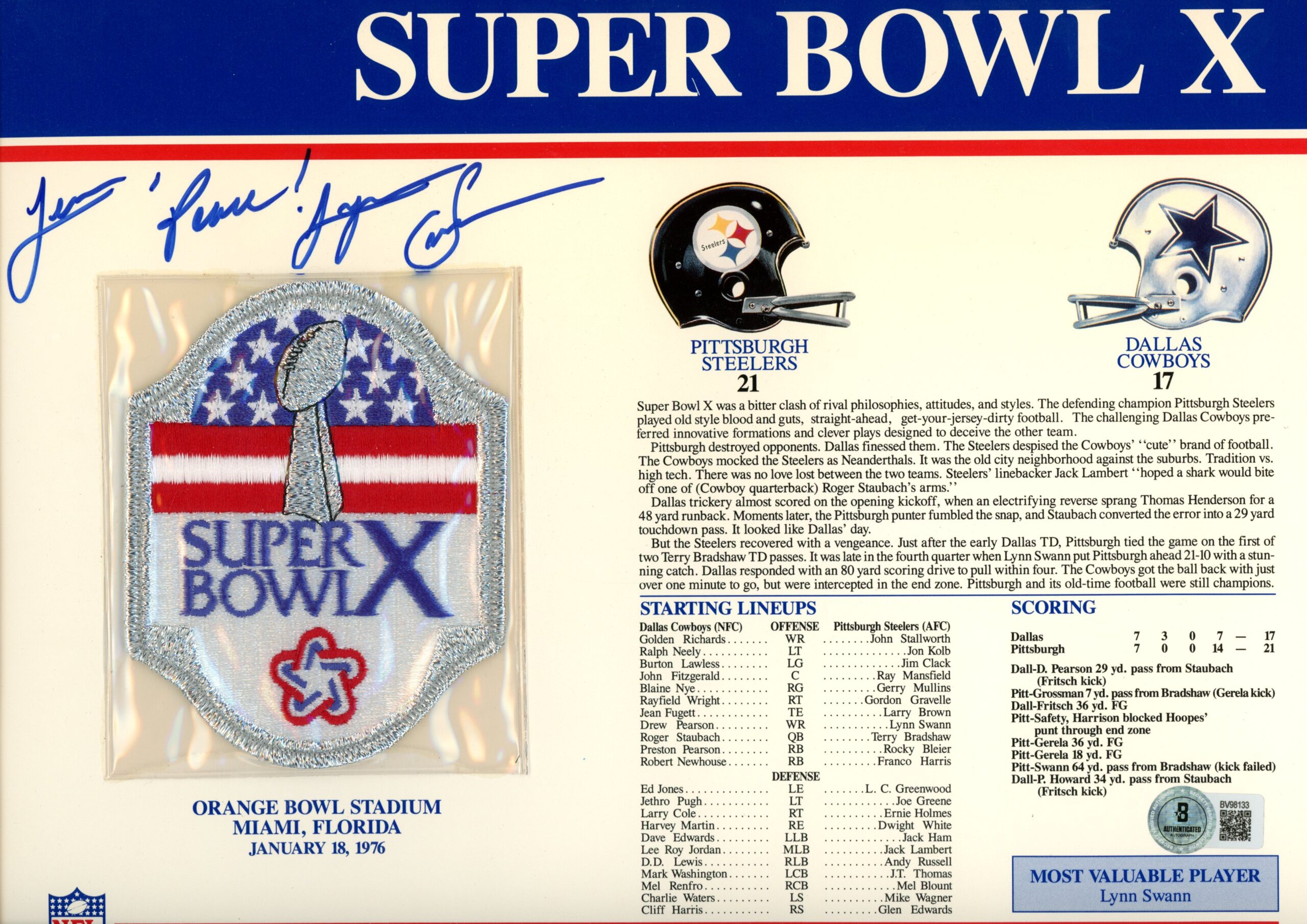 Lynn Swann Signed Pittsburgh Steelers Super Bowl X Patch Stat Card Beckett 55006