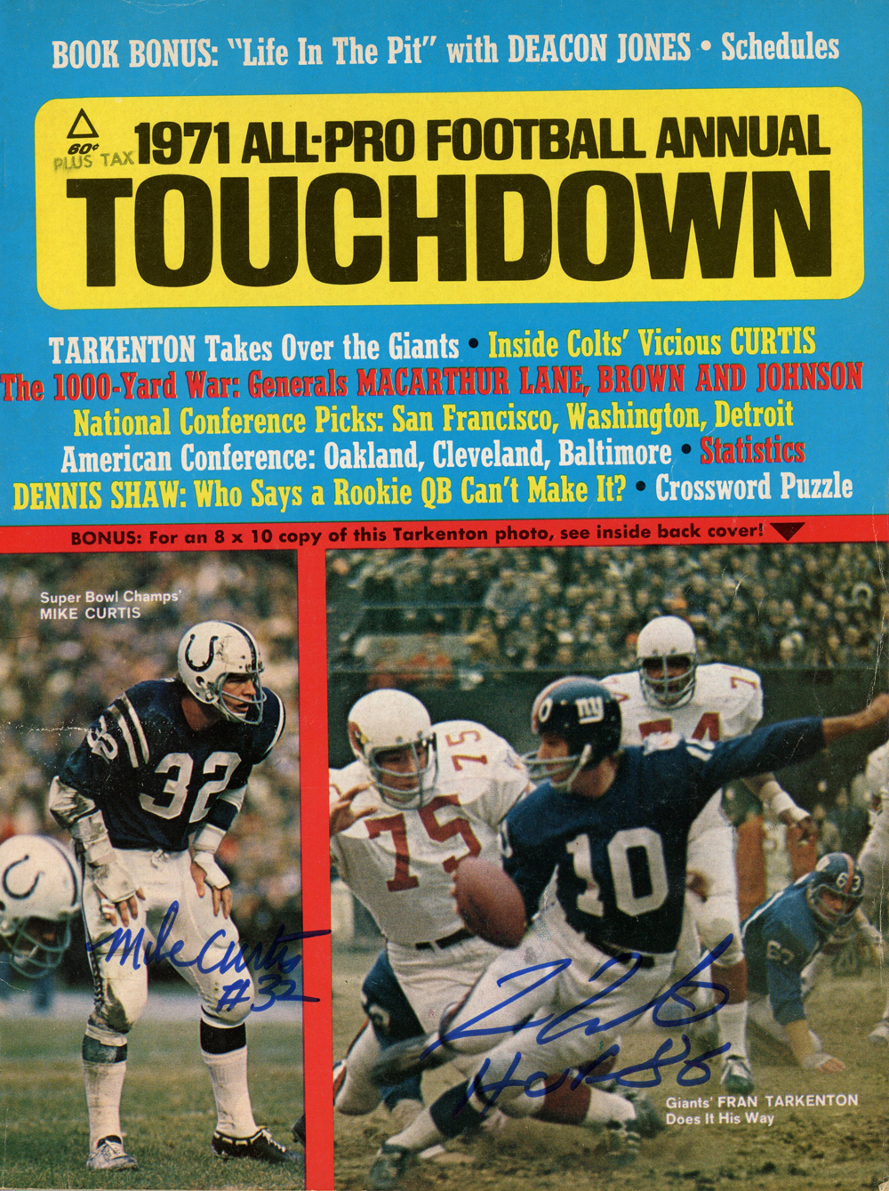 Fran Tarkenton & Mike Curtis Signed 1971 All Pro Touchdown Magazine BAS