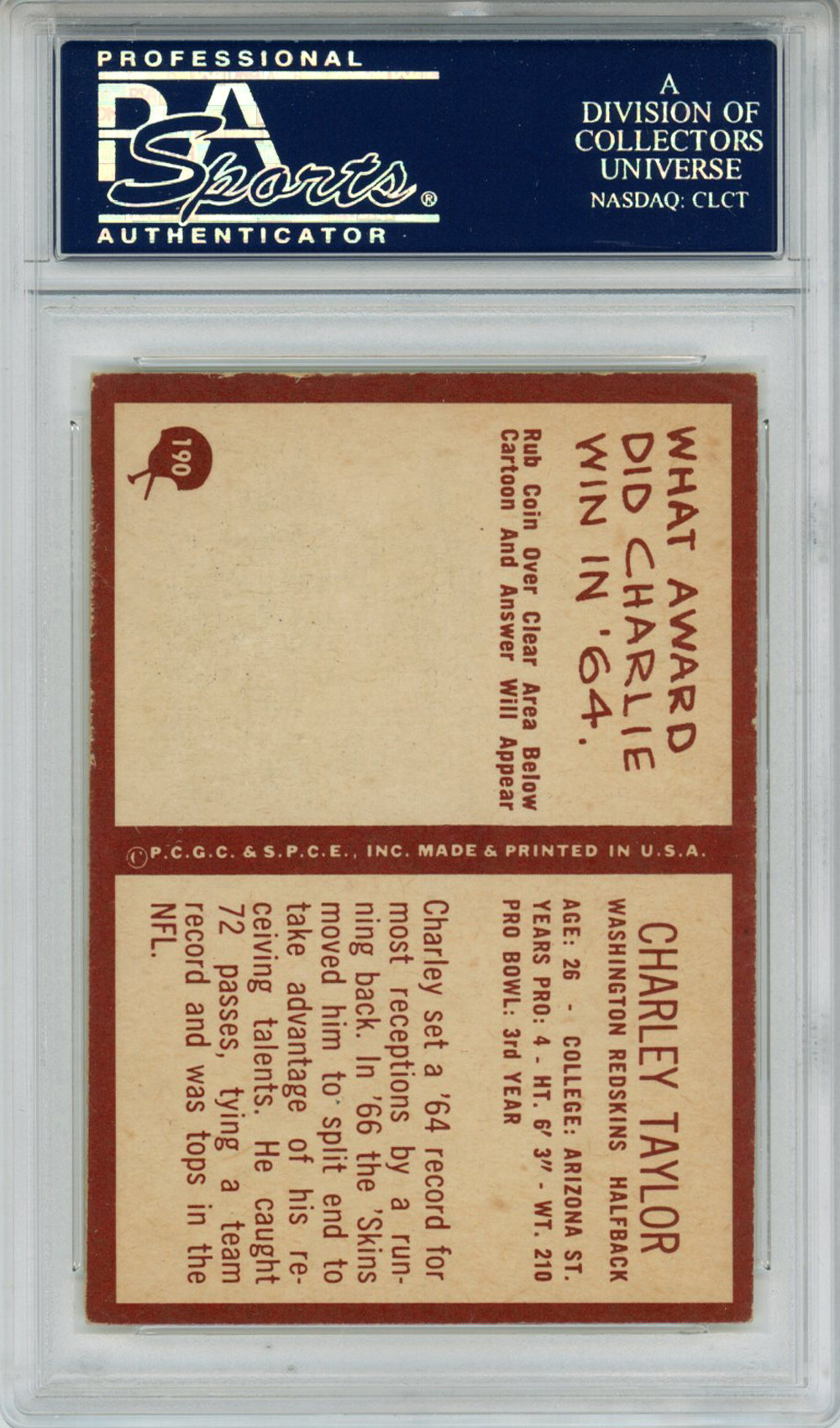 Charley Taylor Signed 1967 Philadelphia #190 Trading Card HOF PSA Slab