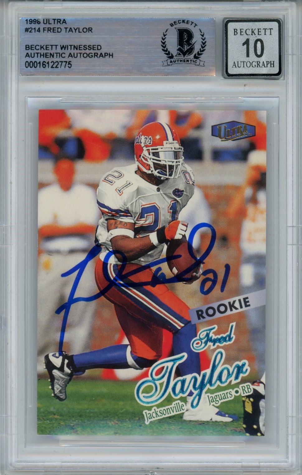Fred Taylor Autographed 1998 Fleer #214 Trading Card 10 Grade Slab Beckett 43897