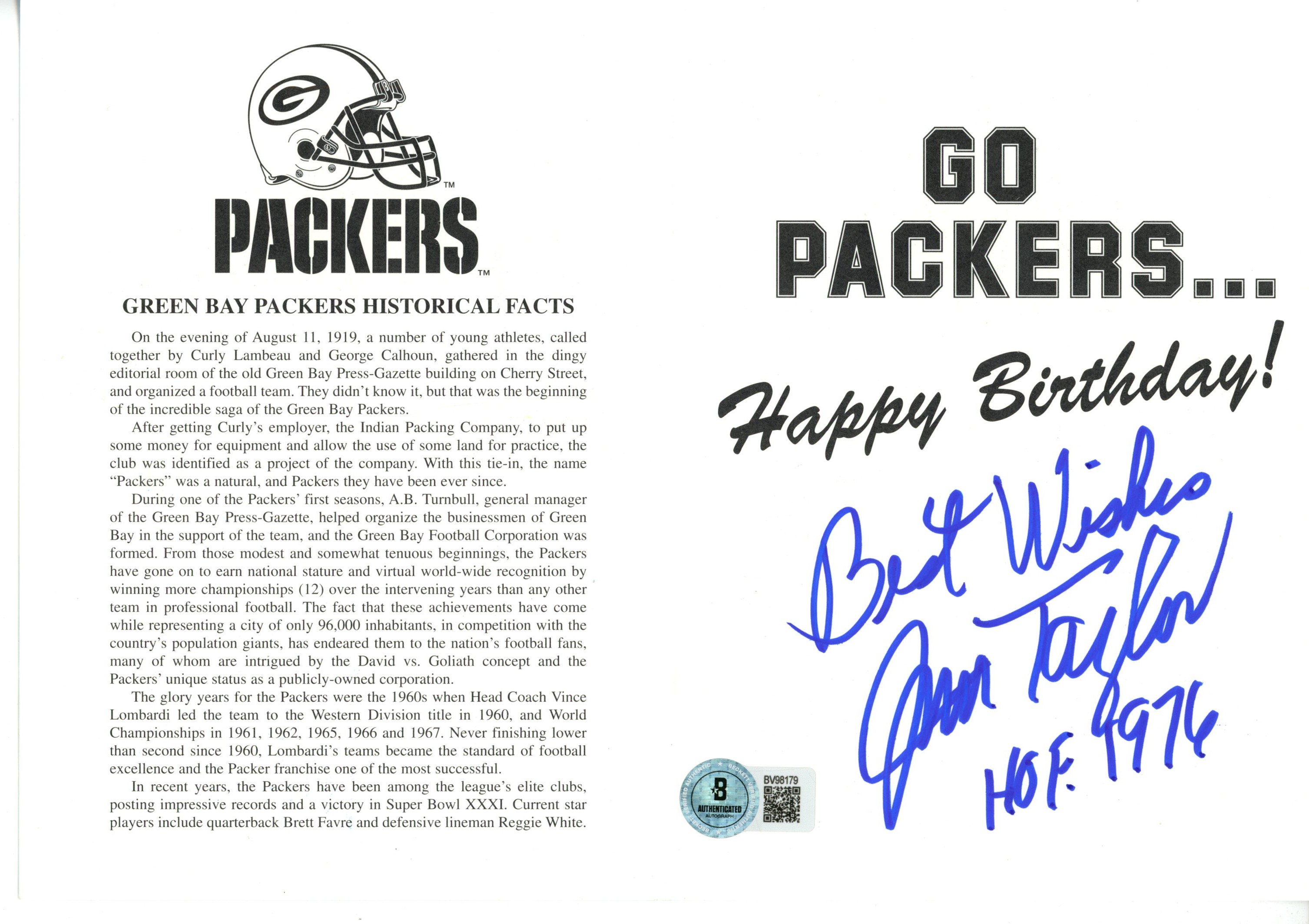 Jim Taylor Autographed/Signed Green Bay Packers 5x7" Birthday Card Beckett 56081