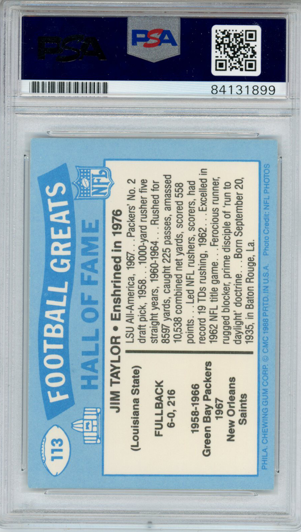 Jim Taylor Autographed/Signed 1988 Swell #113 Trading Card PSA Slab 33004