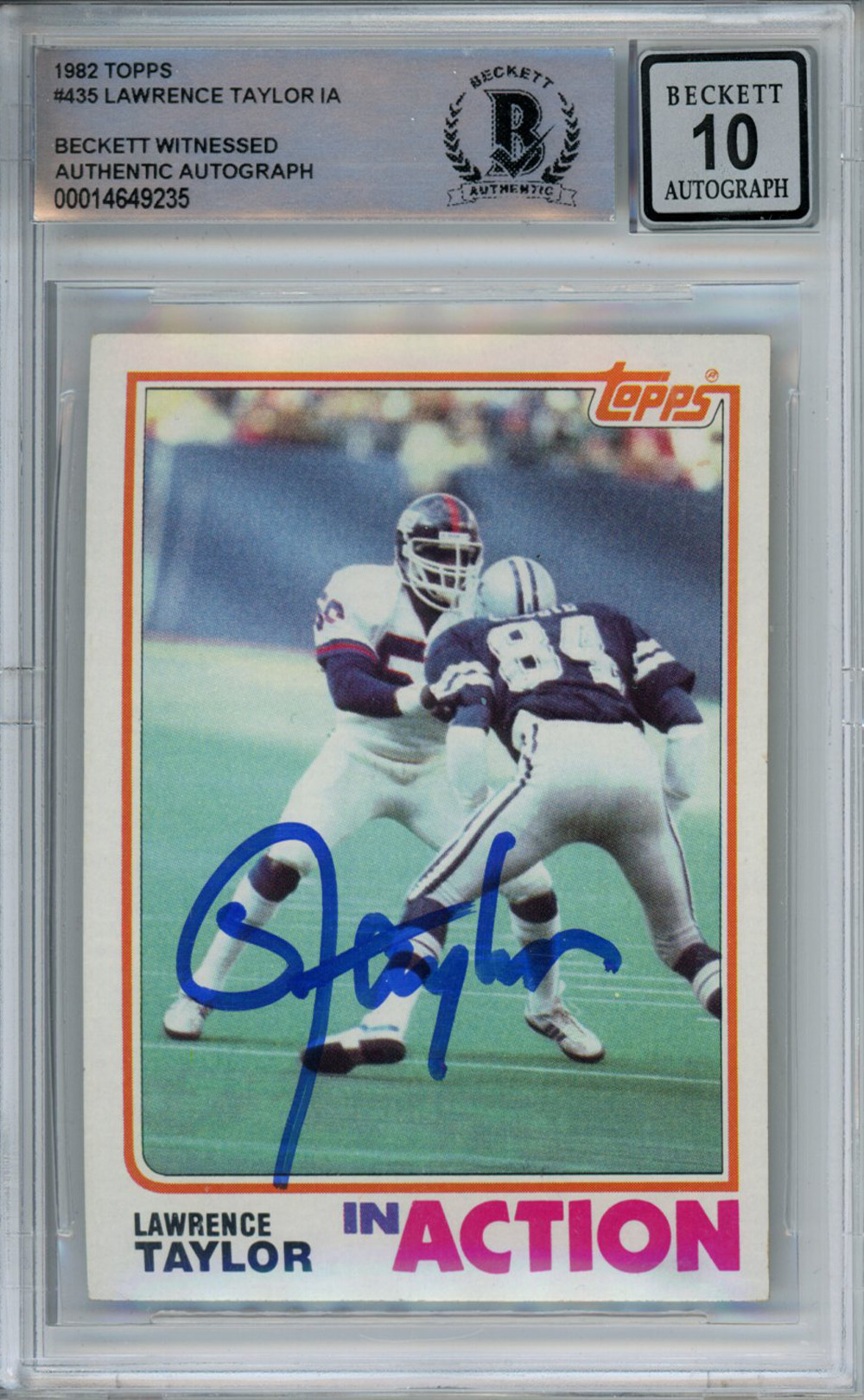 Lawrence Taylor Autographed 1982 Topps #435 Rookie Card Beckett Slab