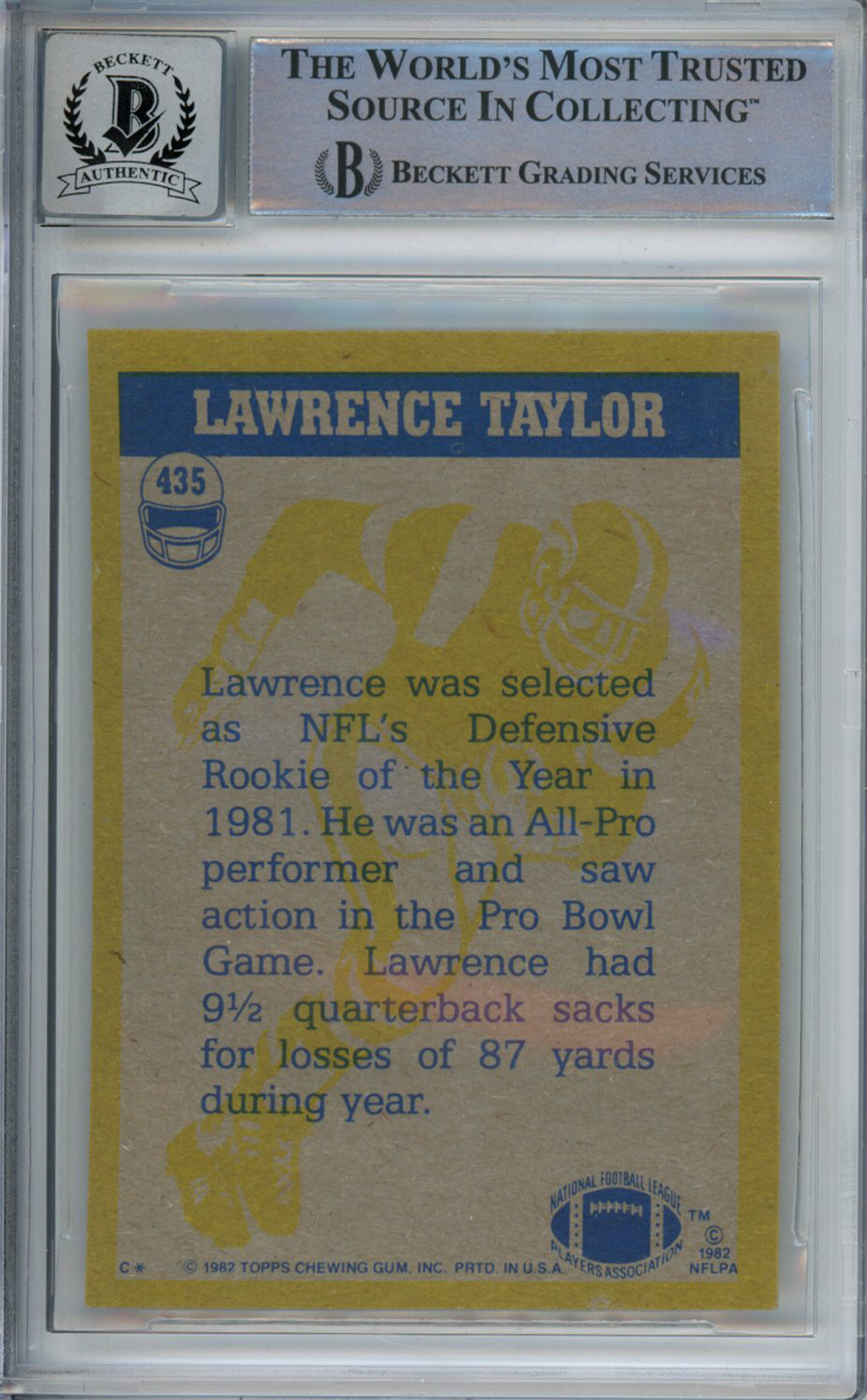 Lawrence Taylor Autographed 1982 Topps #435 Rookie Card Beckett Slab