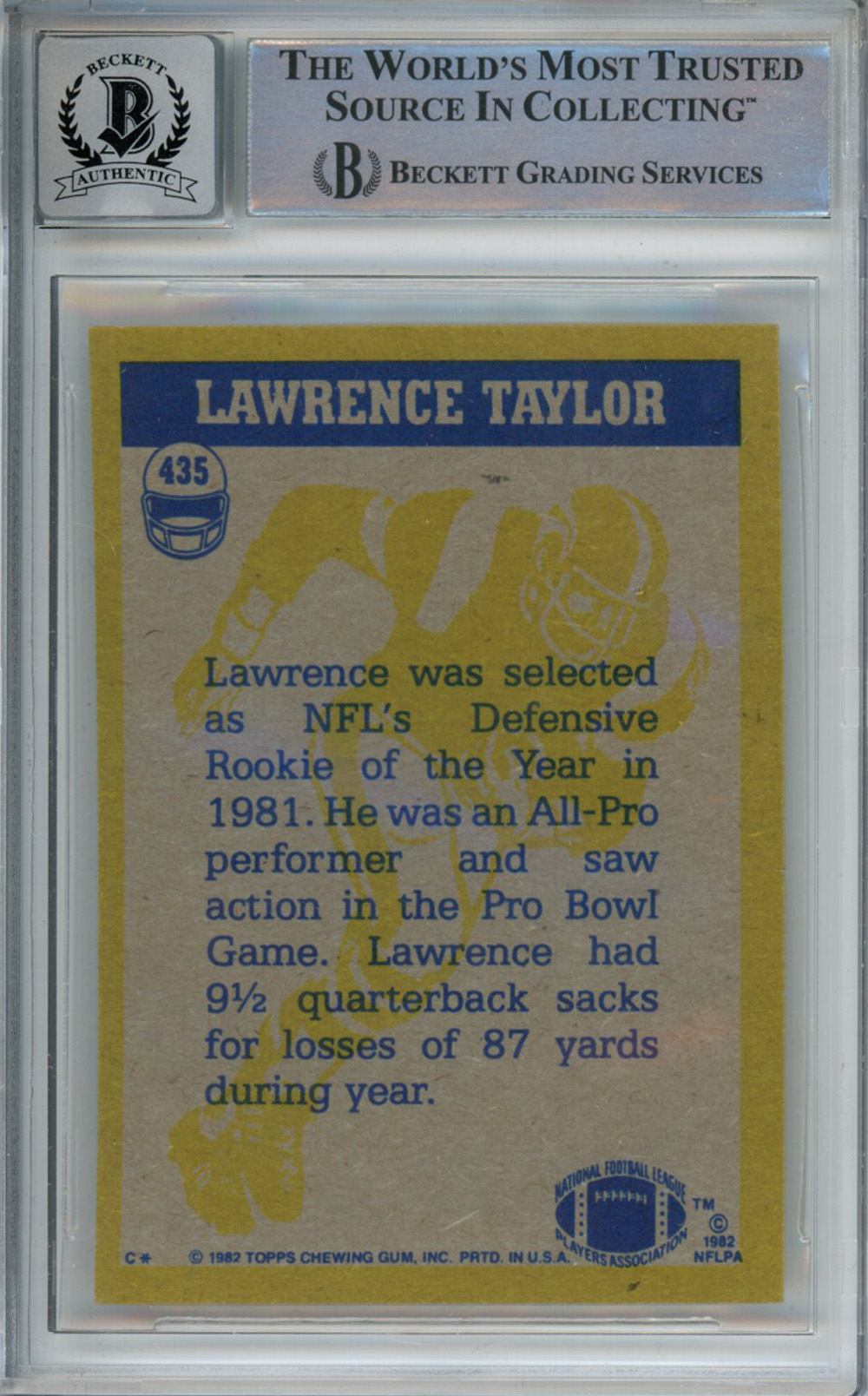 Lawrence Taylor Autographed 1982 Topps #435 Rookie Card Beckett Slab