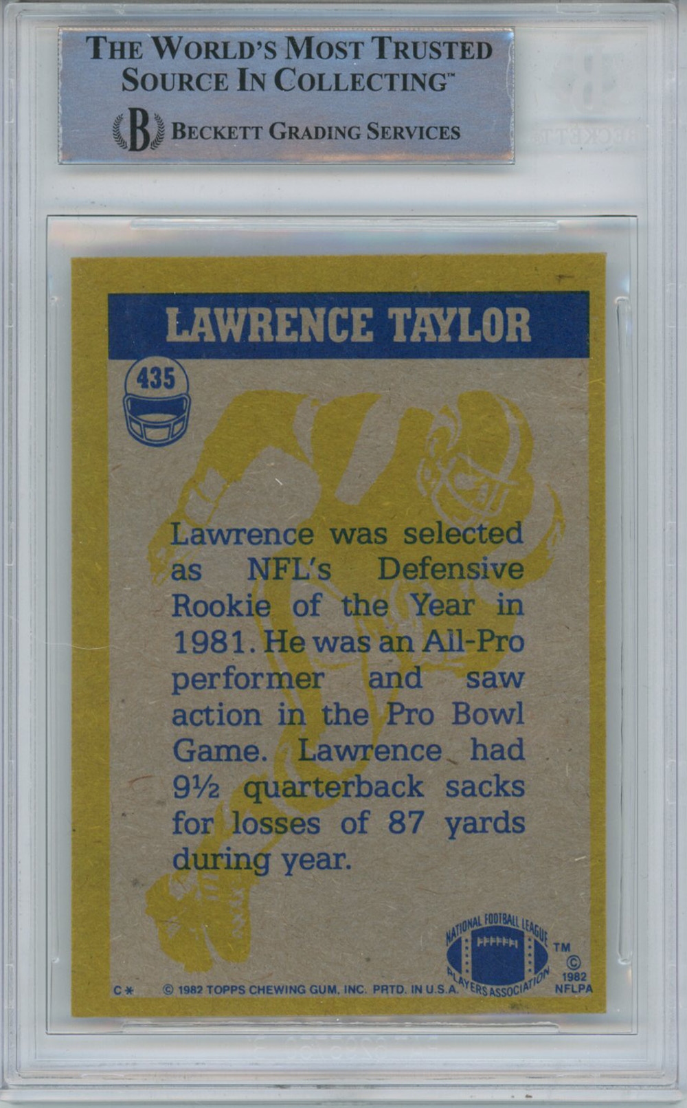 Lawrence Taylor Autographed 1982 Topps #435 Rookie Card Beckett Slab