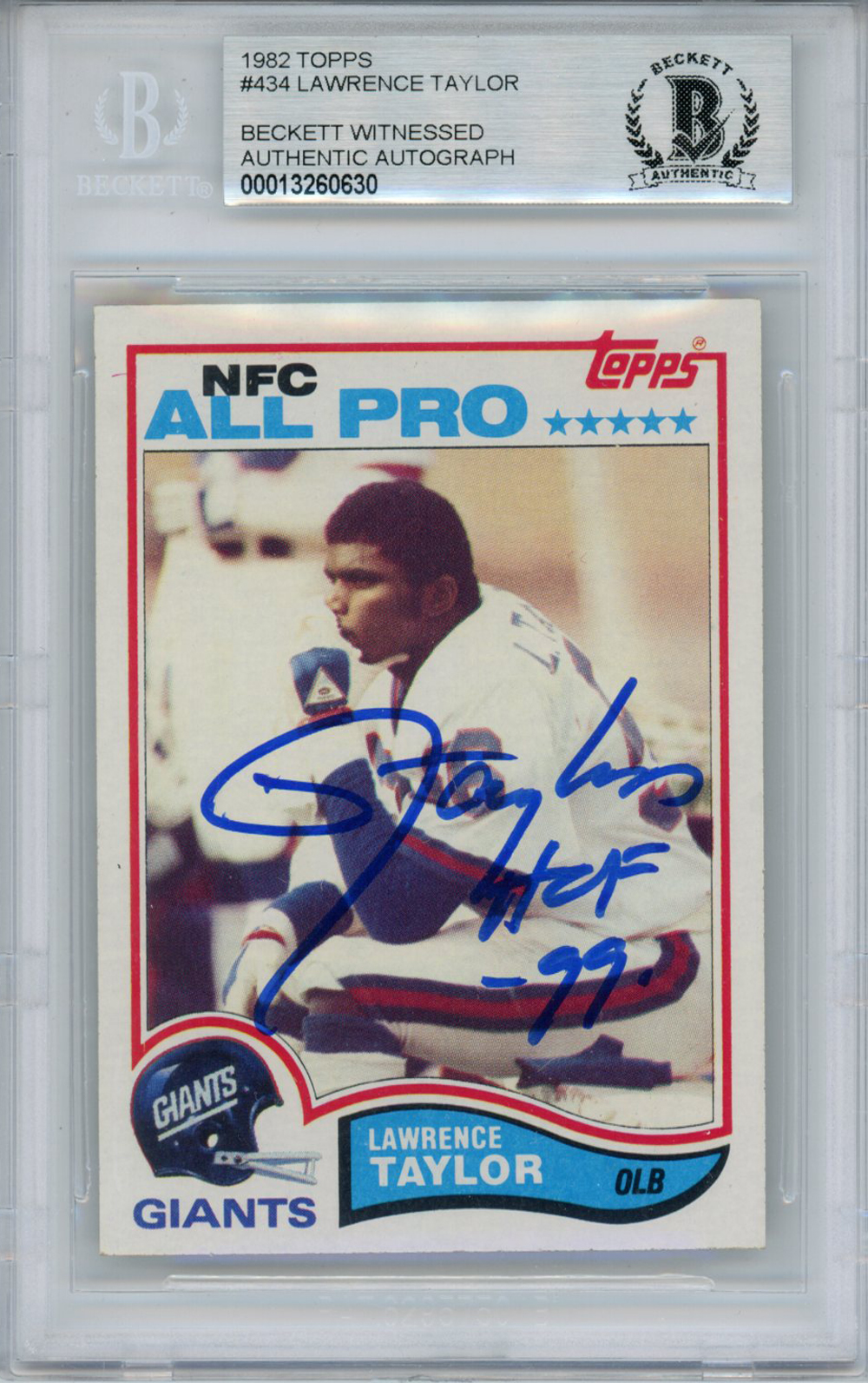 Lawrence Taylor Autographed Signed 1982 Topps Rookie Card HOF BAS Slab 