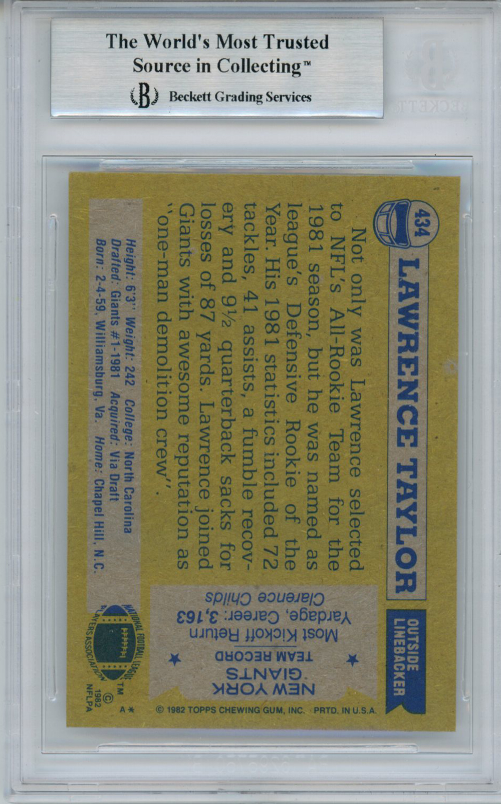 Lawrence Taylor Autographed Signed 1982 Topps Rookie Card HOF BAS Slab 