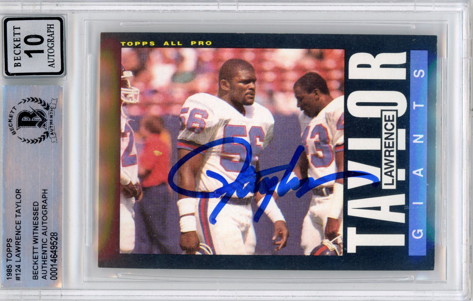 Lawrence Taylor Autographed 1985 Topps #124 Trading Card Beckett Slab