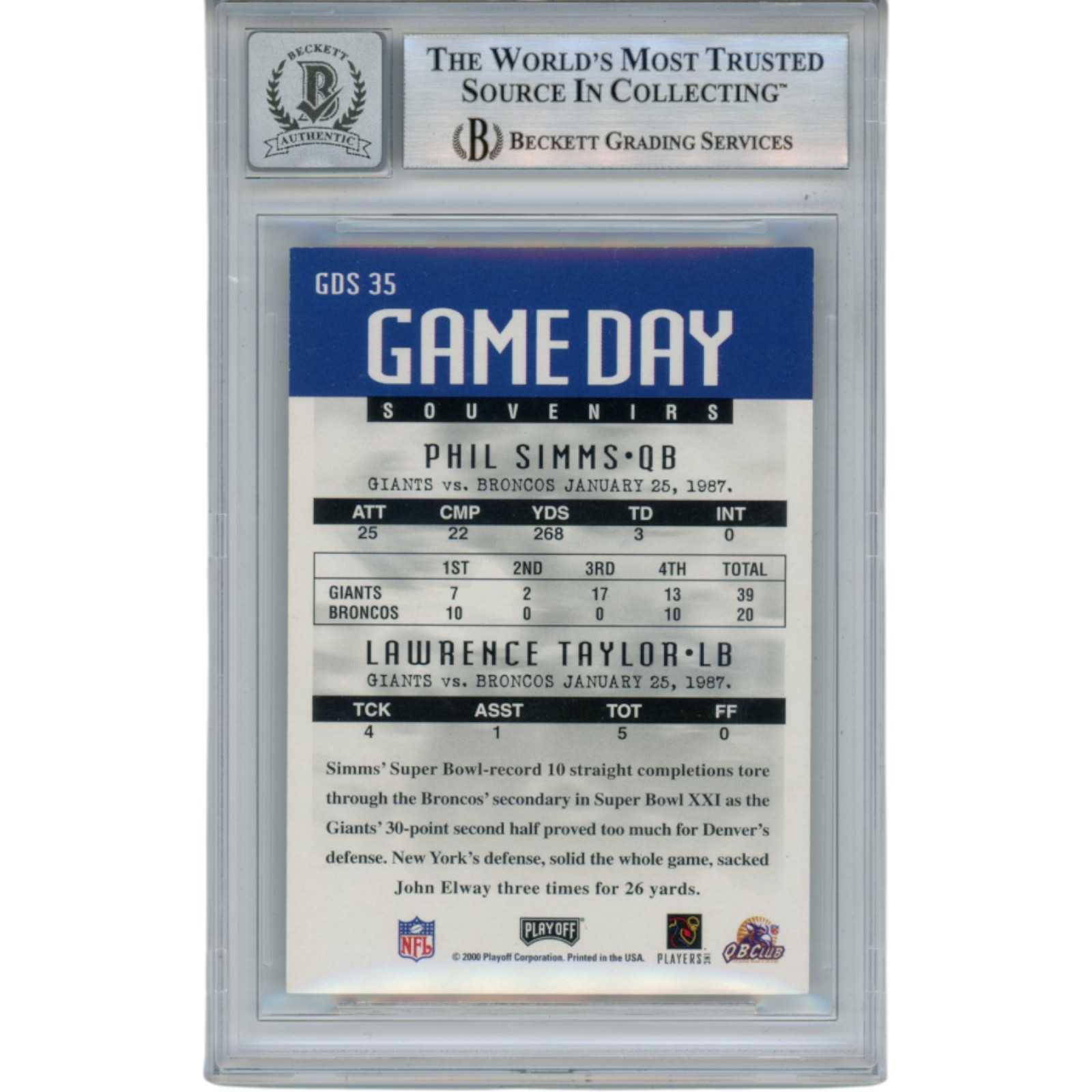 Lawrence Taylor Phil Simms Signed 2000 Playoff Trading Card Slab Beckett 53177