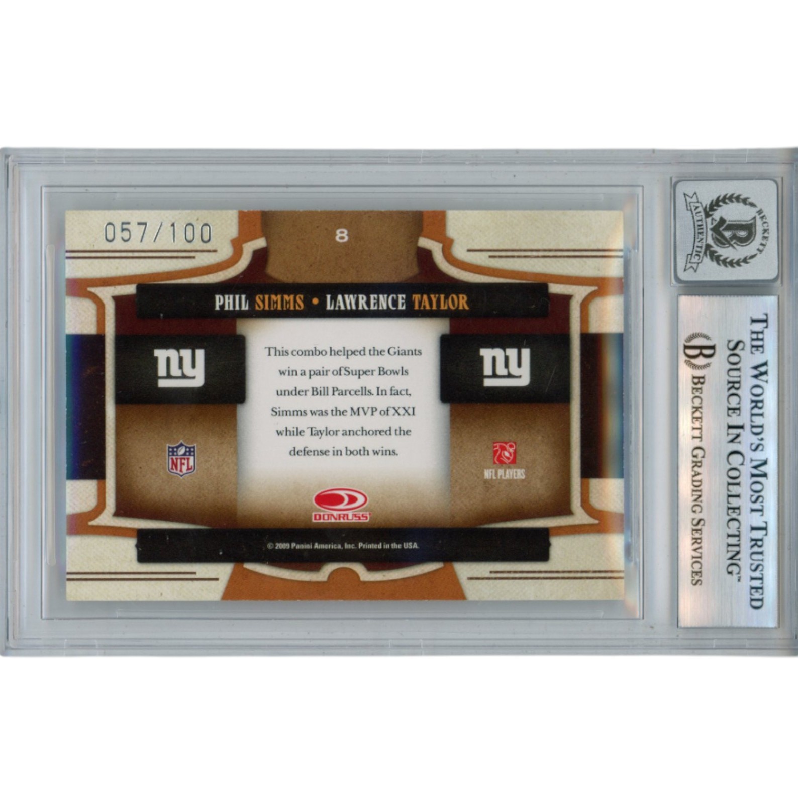 Lawrence Taylor Phil Simms Signed 09 Donruss #8 Trading Card Slab Beckett 53193