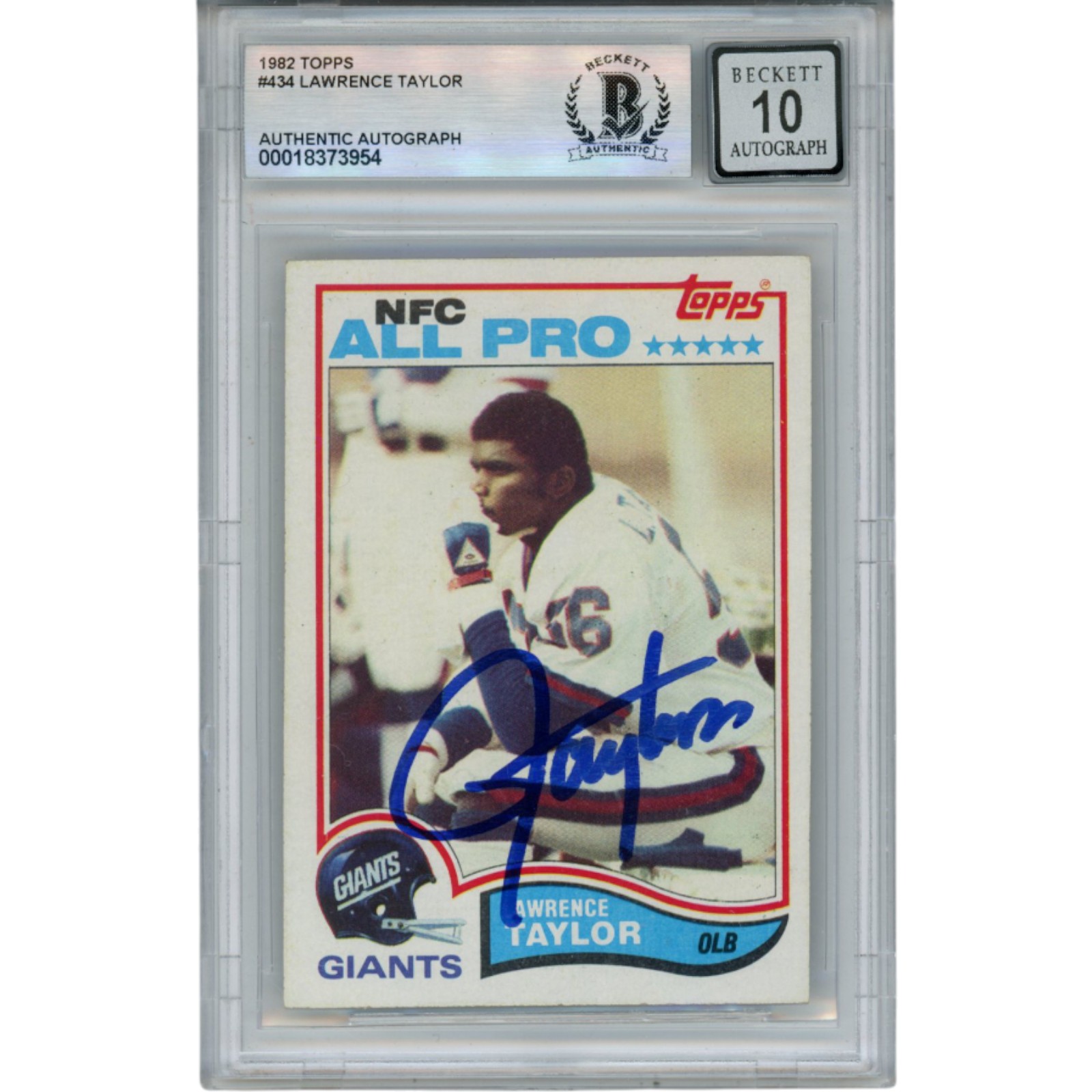 Lawrence Taylor Autographed 1982 Topps #434 Trading Card Slab Beckett 53182