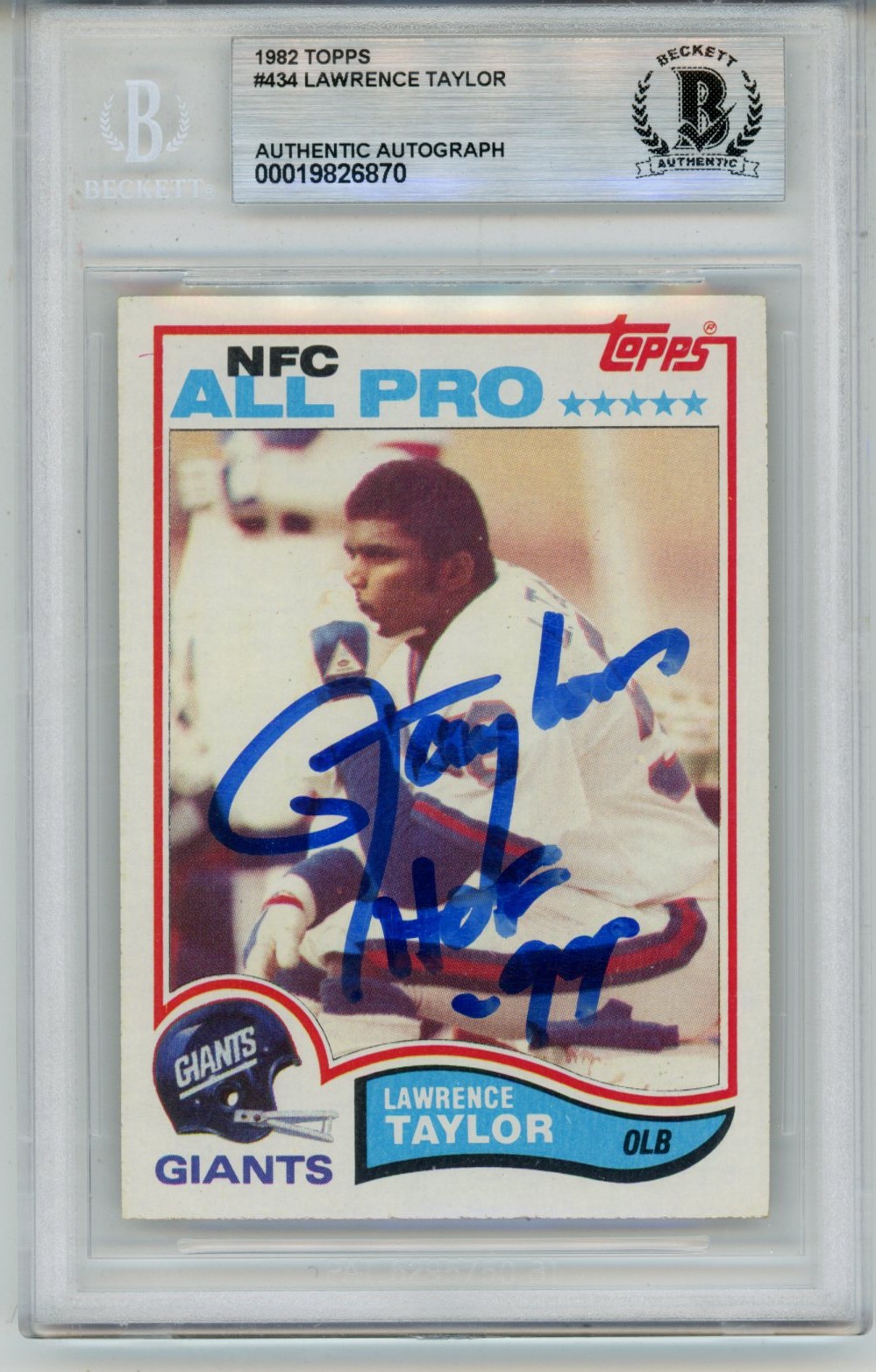 Lawrence Taylor Autographed 1982 Topps #434 HOF Trading Card Slab Beckett 57113