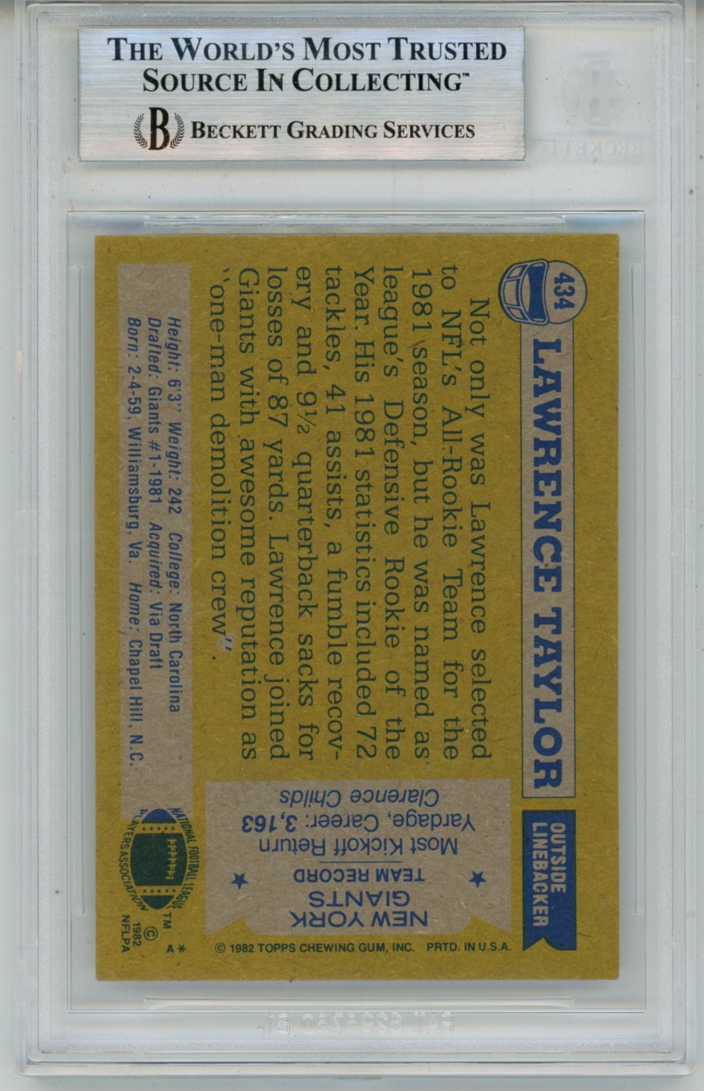 Lawrence Taylor Autographed 1982 Topps #434 HOF Trading Card Slab Beckett 57113 2 Lawrence Taylor Autographed 1982 Topps #434 HOF Trading Card Slab Beckett 57113