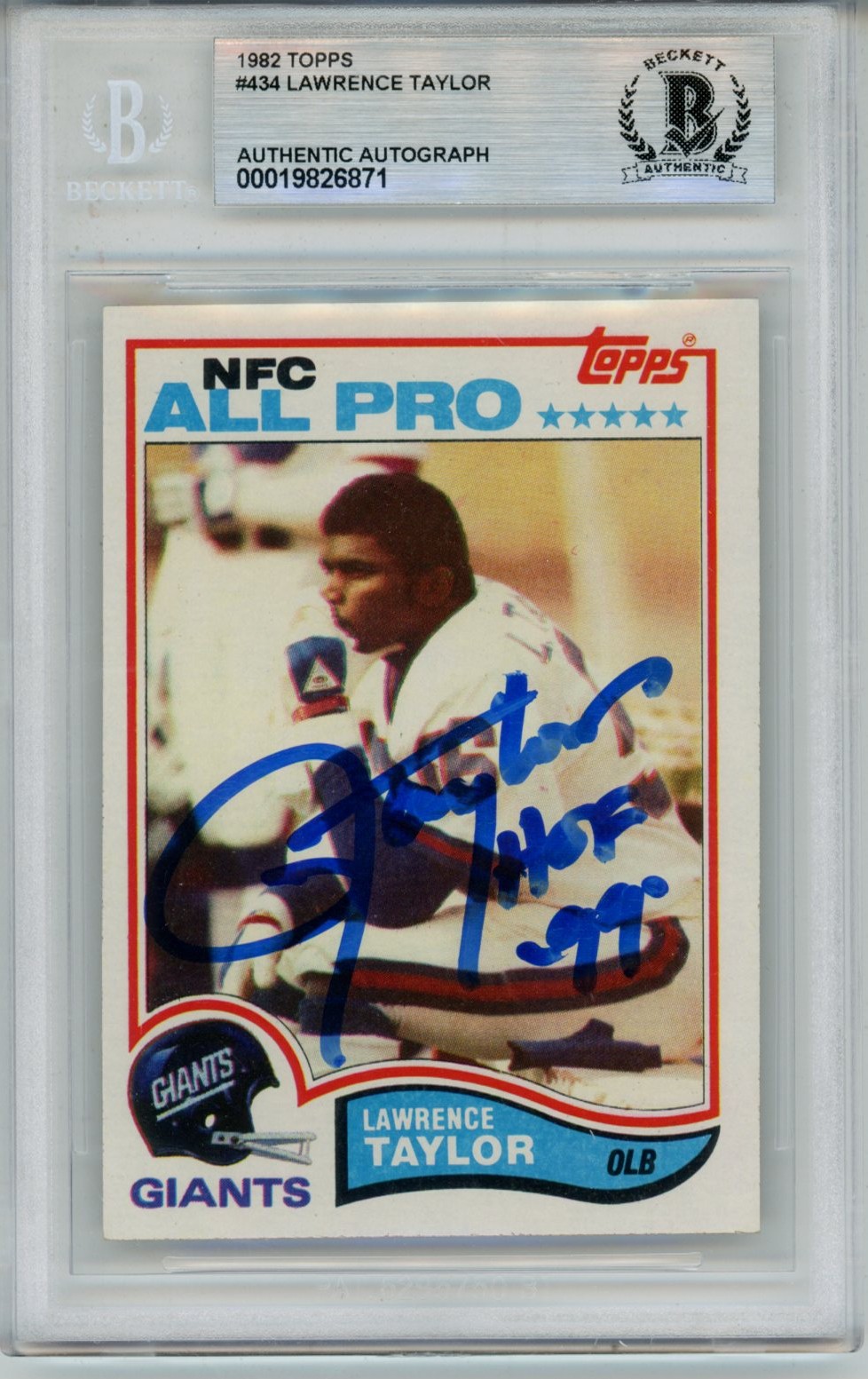 Lawrence Taylor Autographed 1982 Topps #434 HOF Trading Card Slab Beckett 57116