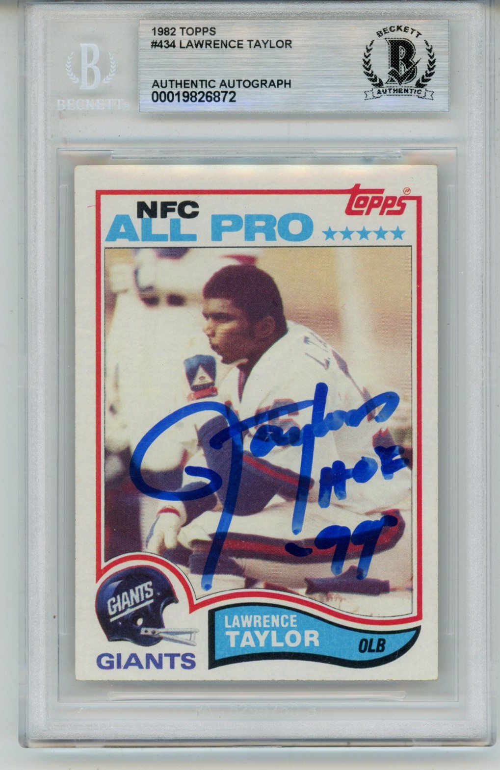 Lawrence Taylor Autographed 1982 Topps #434 HOF Trading Card Slab Beckett 57124