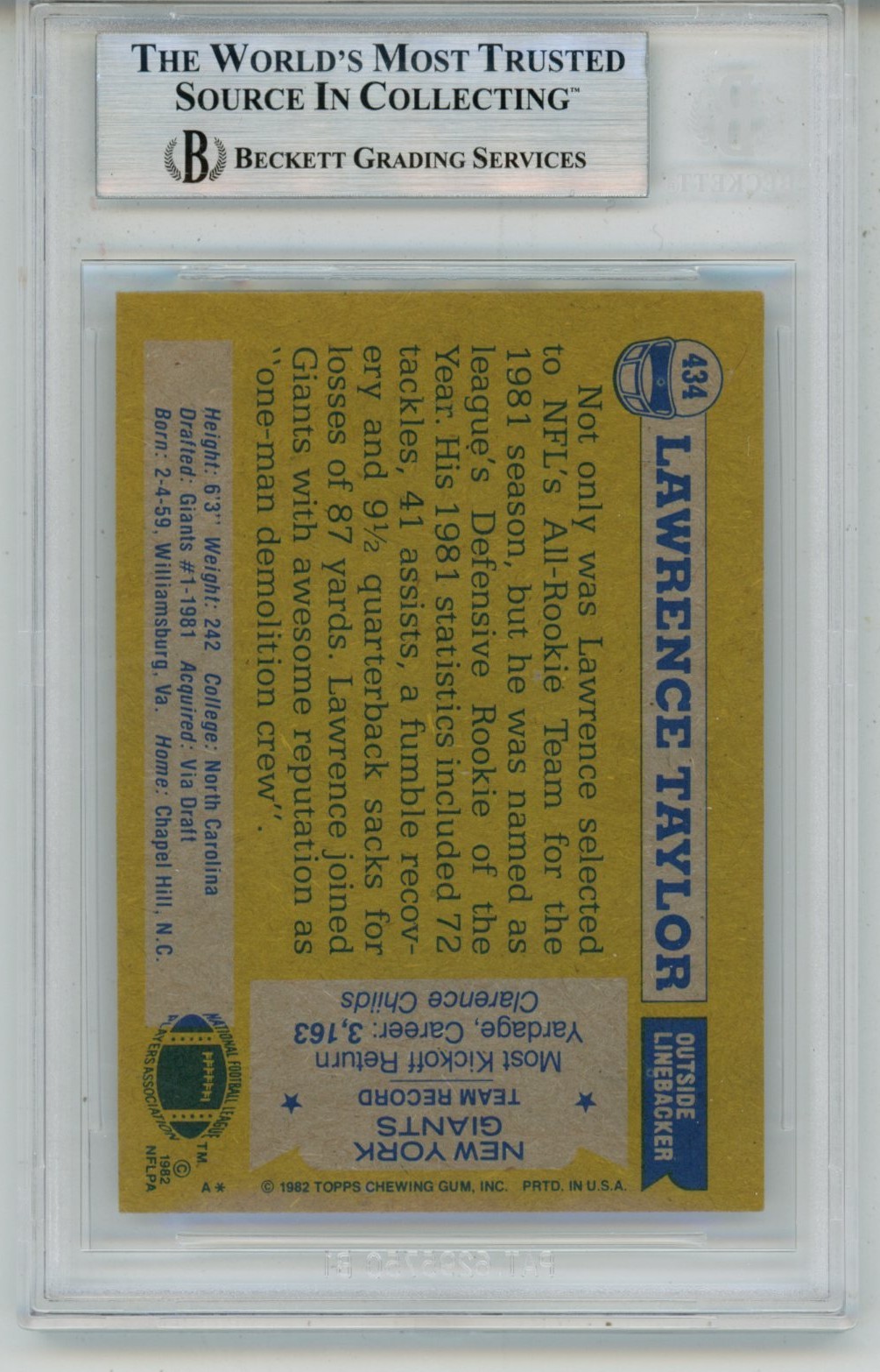 Lawrence Taylor Autographed 1982 Topps #434 HOF Trading Card Slab Beckett 57124 2 Lawrence Taylor Autographed 1982 Topps #434 HOF Trading Card Slab Beckett 57124